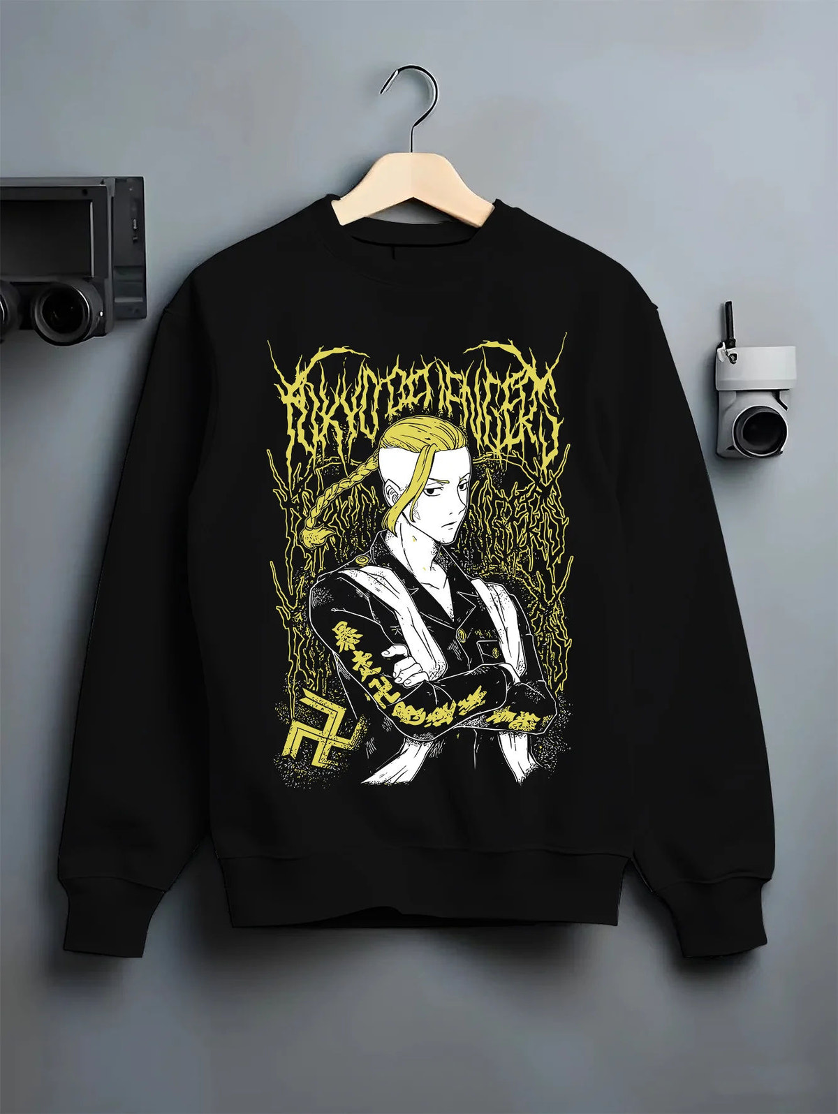 Black crewneck sweatshirt on hanger with Ken Ryuguji (Draken), Tokyo Manji uniform from Tokyo Revengers illustrated back