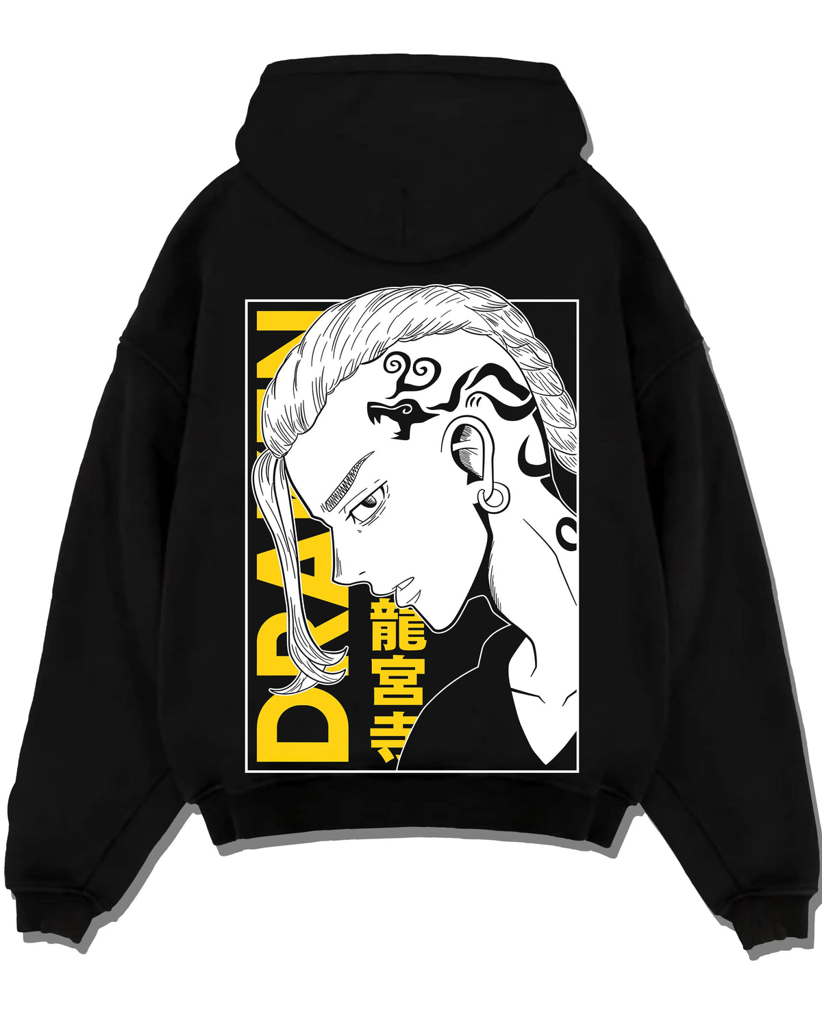 Black hoodie laid flat featuring Draken Tokyo Revengers Toman gang artwork.