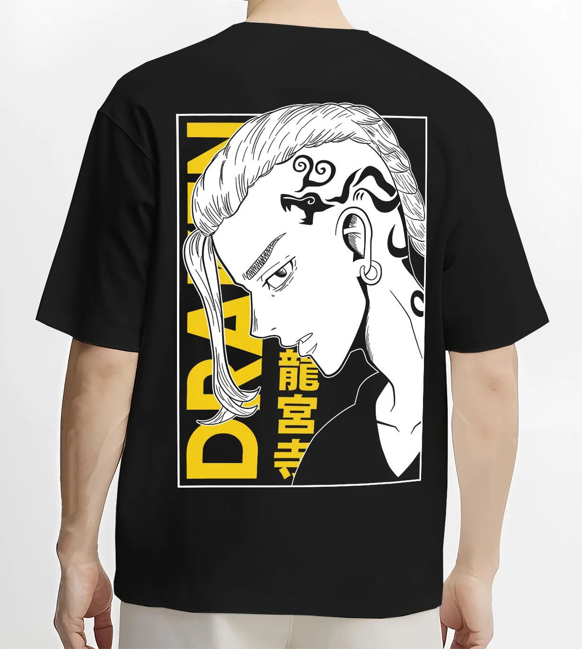 Black T-shirt worn by male model from the back featuring Draken Tokyo Revengers Toman gang artwork.