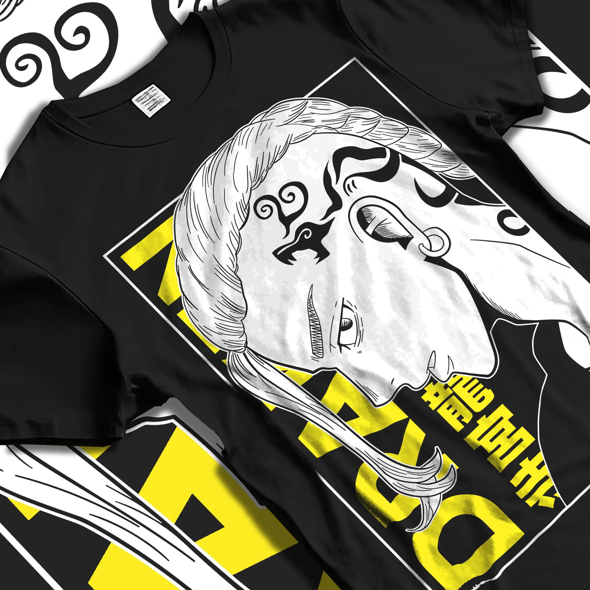 Black T-shirt laid flat with natural folds featuring Draken Tokyo Revengers Toman gang artwork.