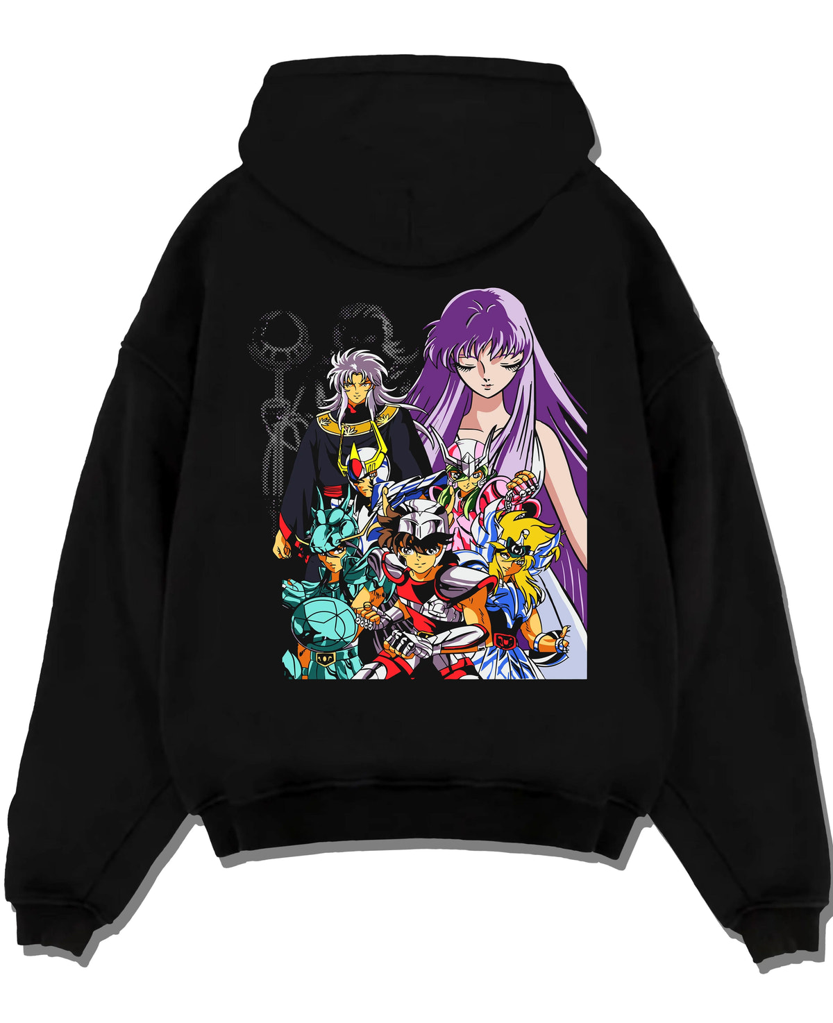 Black hoodie laid flat featuring Dragon Shiryu Saint Seiya Bronze Saint artwork.