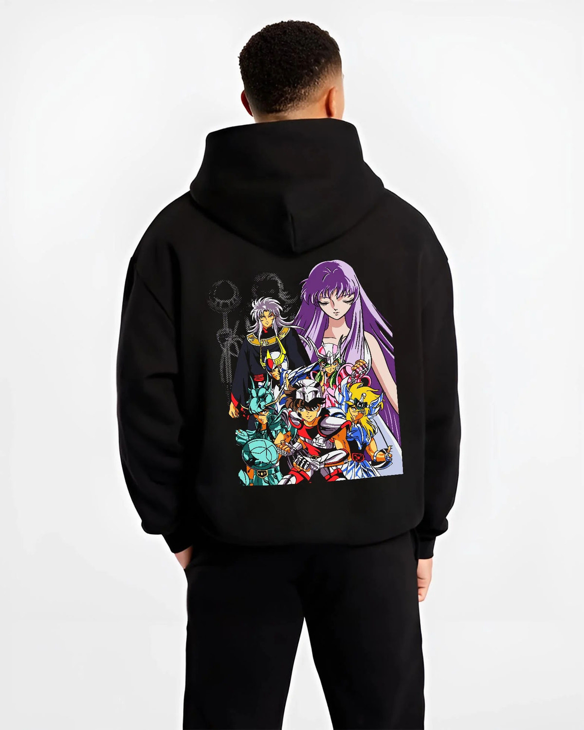 Black hoodie worn by male model from the back featuring Dragon Shiryu Saint Seiya Bronze Saint artwork.