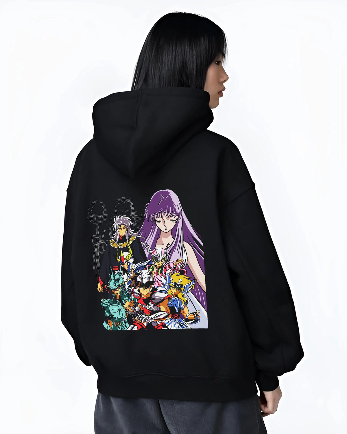 Black hoodie worn by female model from the back featuring Dragon Shiryu Saint Seiya Bronze Saint artwork.