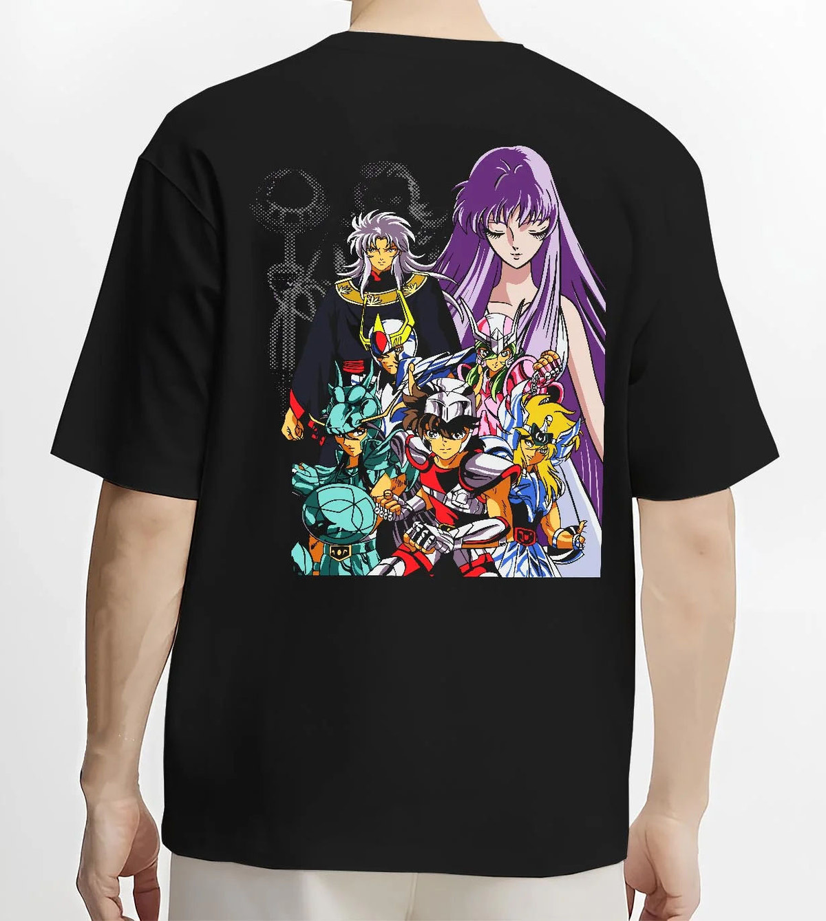 Black T-shirt worn by male model from the back featuring Dragon Shiryu Saint Seiya Bronze Saint artwork.