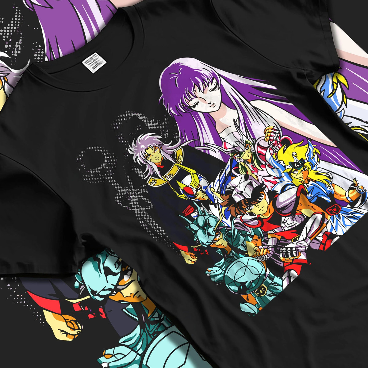 Black T-shirt laid flat with natural folds featuring Dragon Shiryu Saint Seiya Bronze Saint artwork.