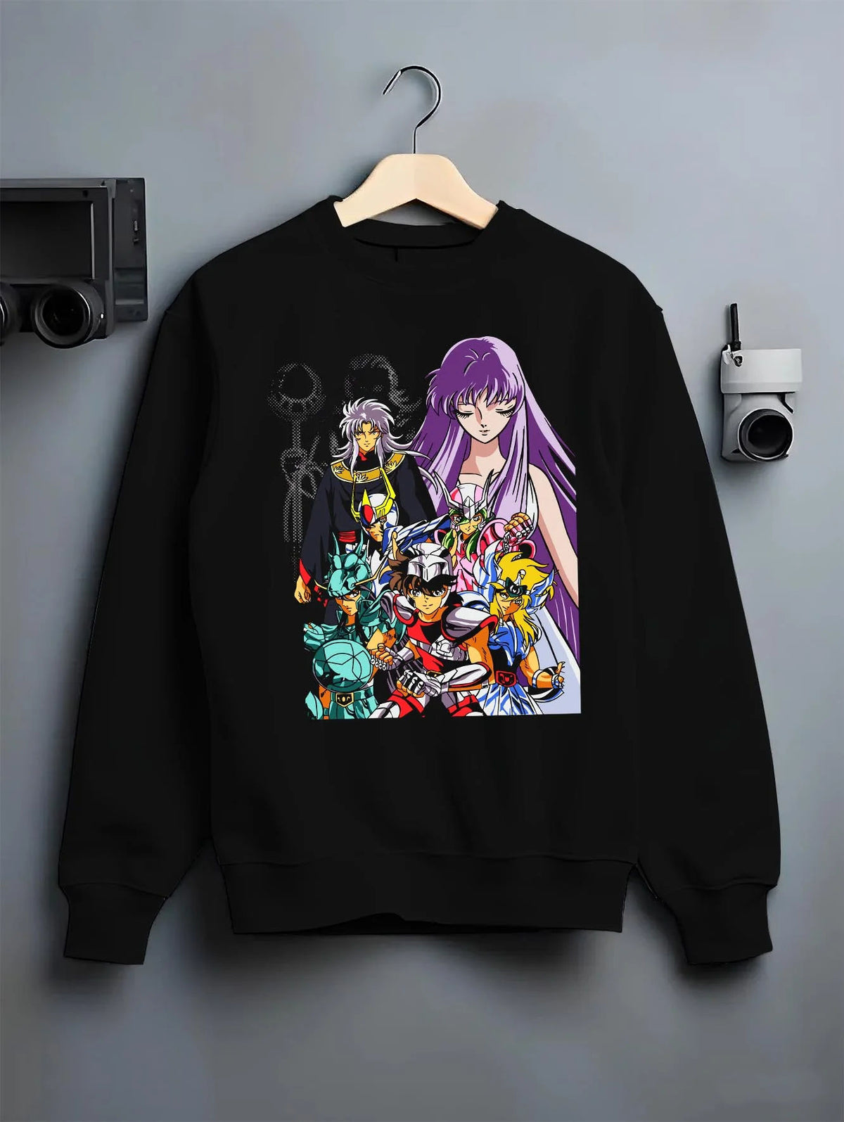 Black crewneck sweatshirt on hanger featuring Dragon Shiryu Saint Seiya Bronze Saint artwork.