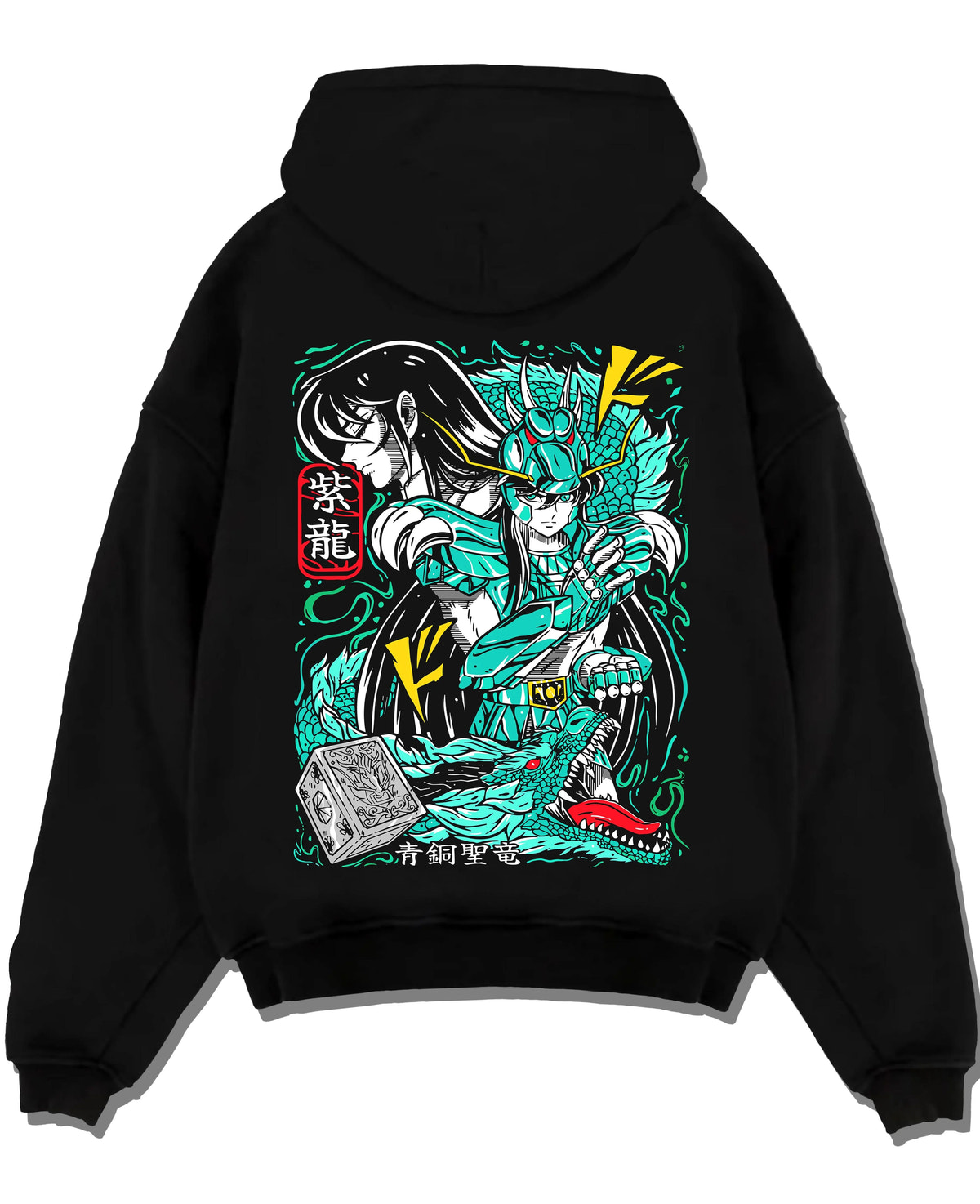 Black hoodie laid flat featuring Dragon Shiryu Saint Seiya dragon shield artwork.