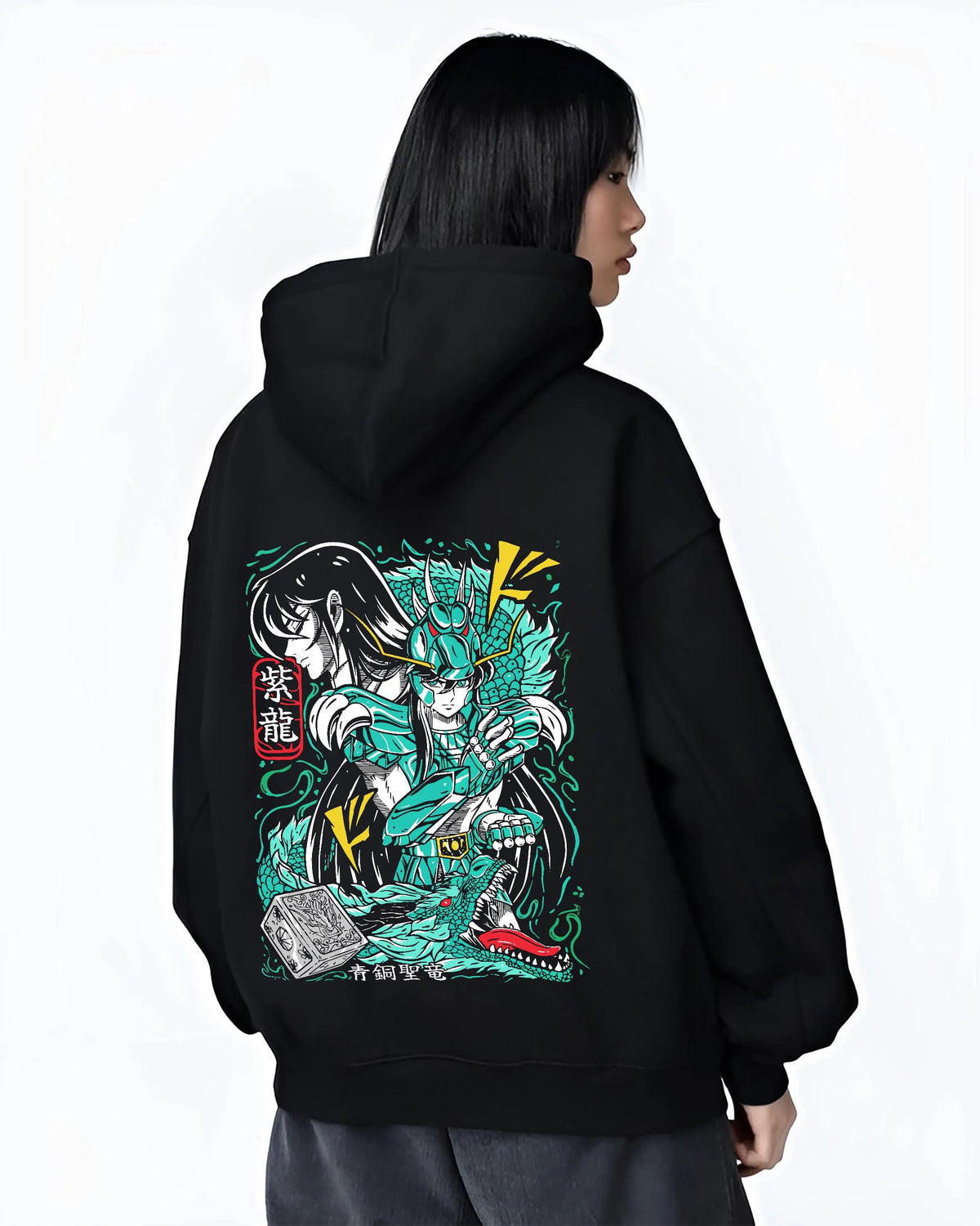 Black hoodie worn by female model from the back featuring Dragon Shiryu Saint Seiya dragon shield artwork.