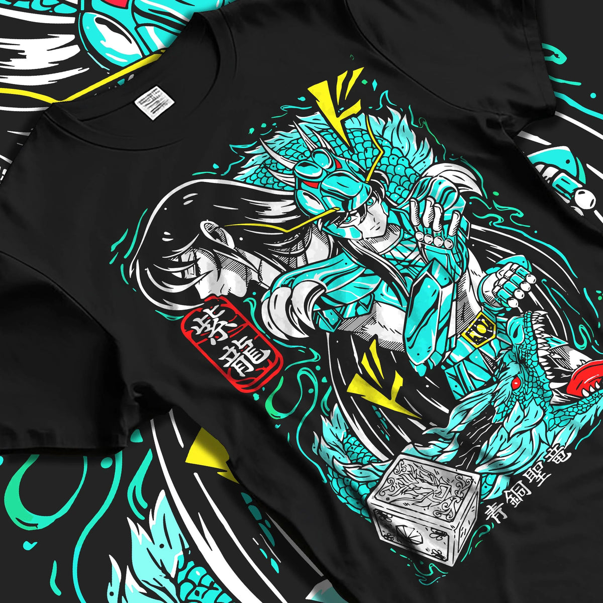 Black T-shirt laid flat with natural folds featuring Dragon Shiryu Saint Seiya dragon shield artwork.