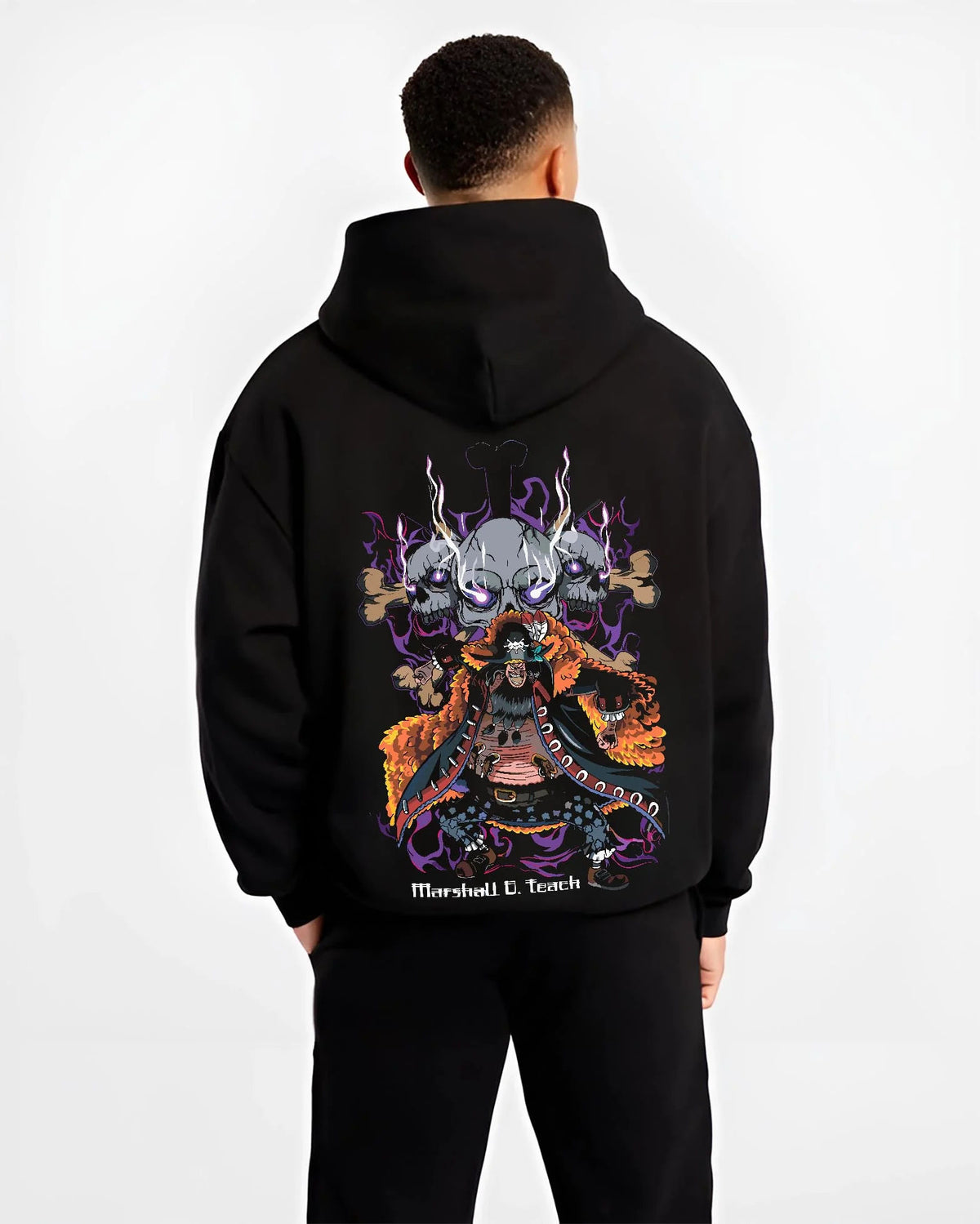 Black hoodie worn by male model from the back featuring Marshall D. Teach One Piece dark fruit artwork.