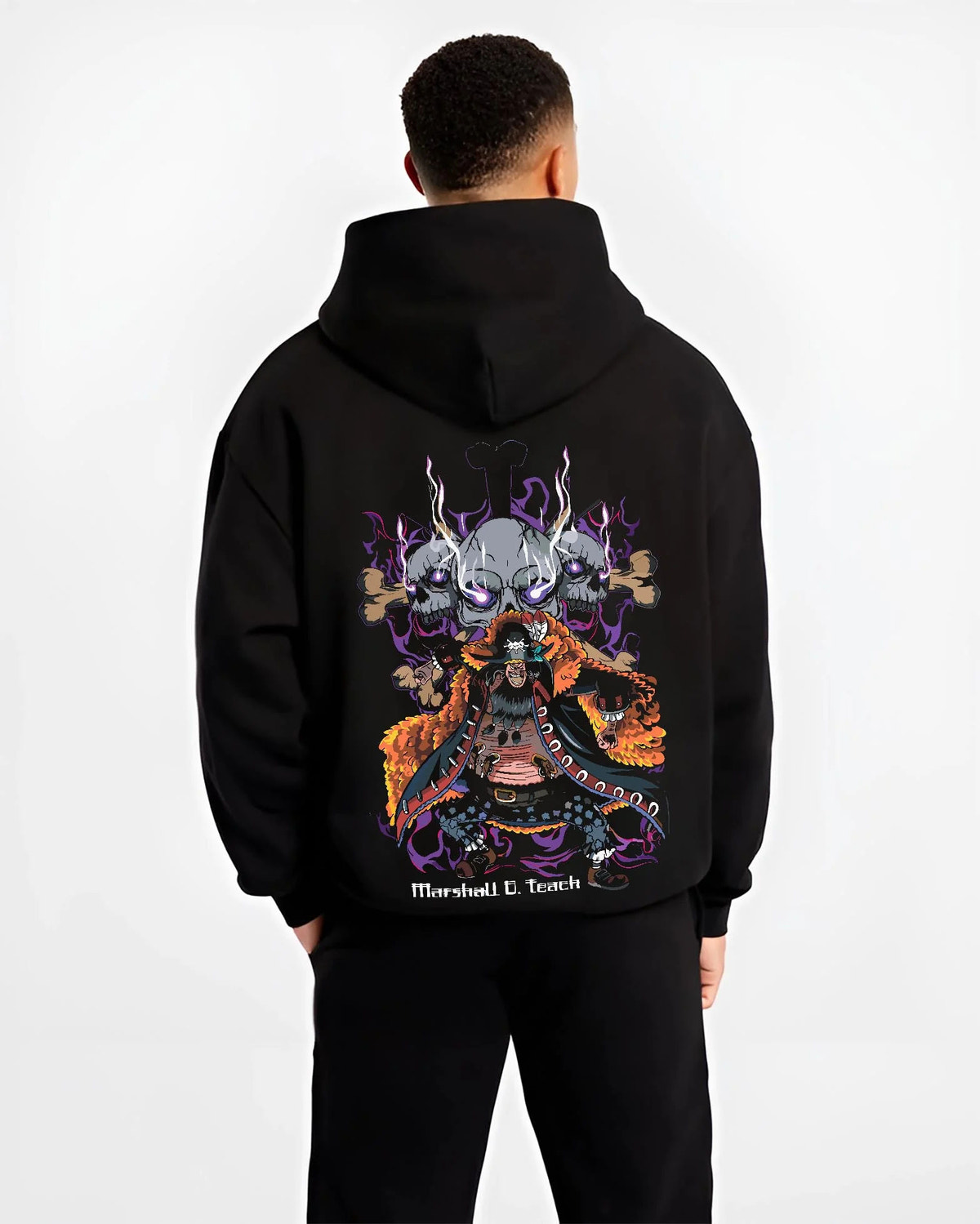 Black hoodie worn by male model from the back featuring Marshall D. Teach One Piece dark fruit artwork.