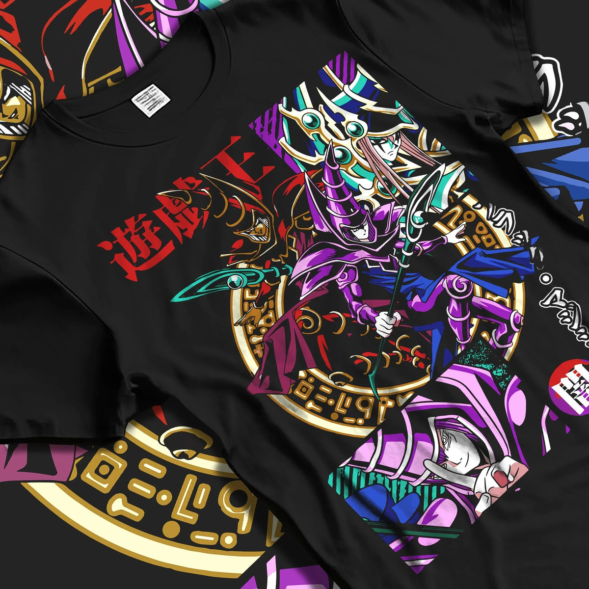 Black T-shirt laid flat with natural folds with Yu-Gi-Oh Dark Magician Hoodie Duel Monsters Jumper graphic streetwear graphic.