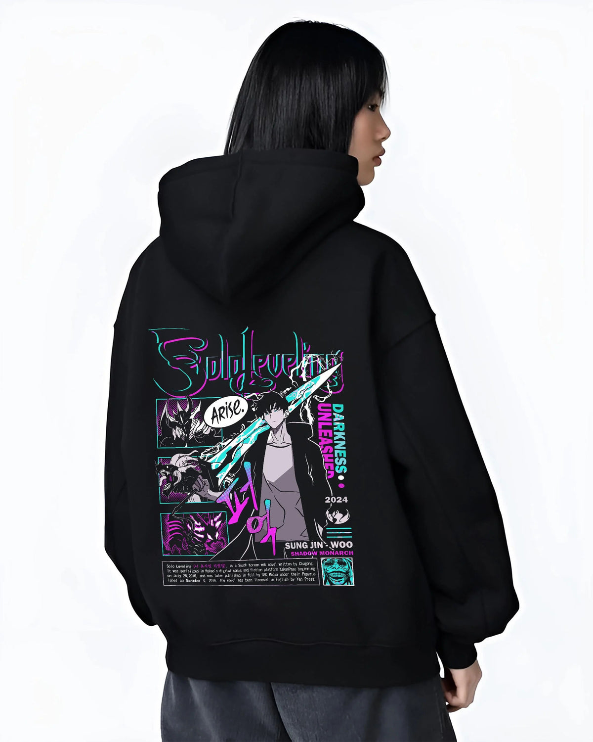 Black hoodie worn by female model from the back featuring Sung Jin-Woo Solo Leveling Arise shadow monarch artwork.