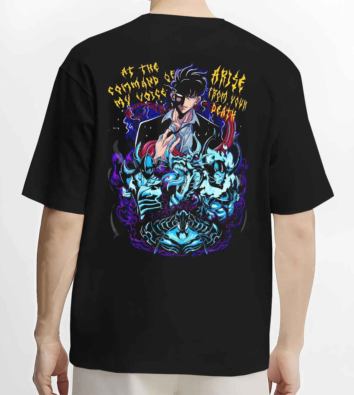 Black T-shirt worn by male model from the back featuring dark beast battle artwork.