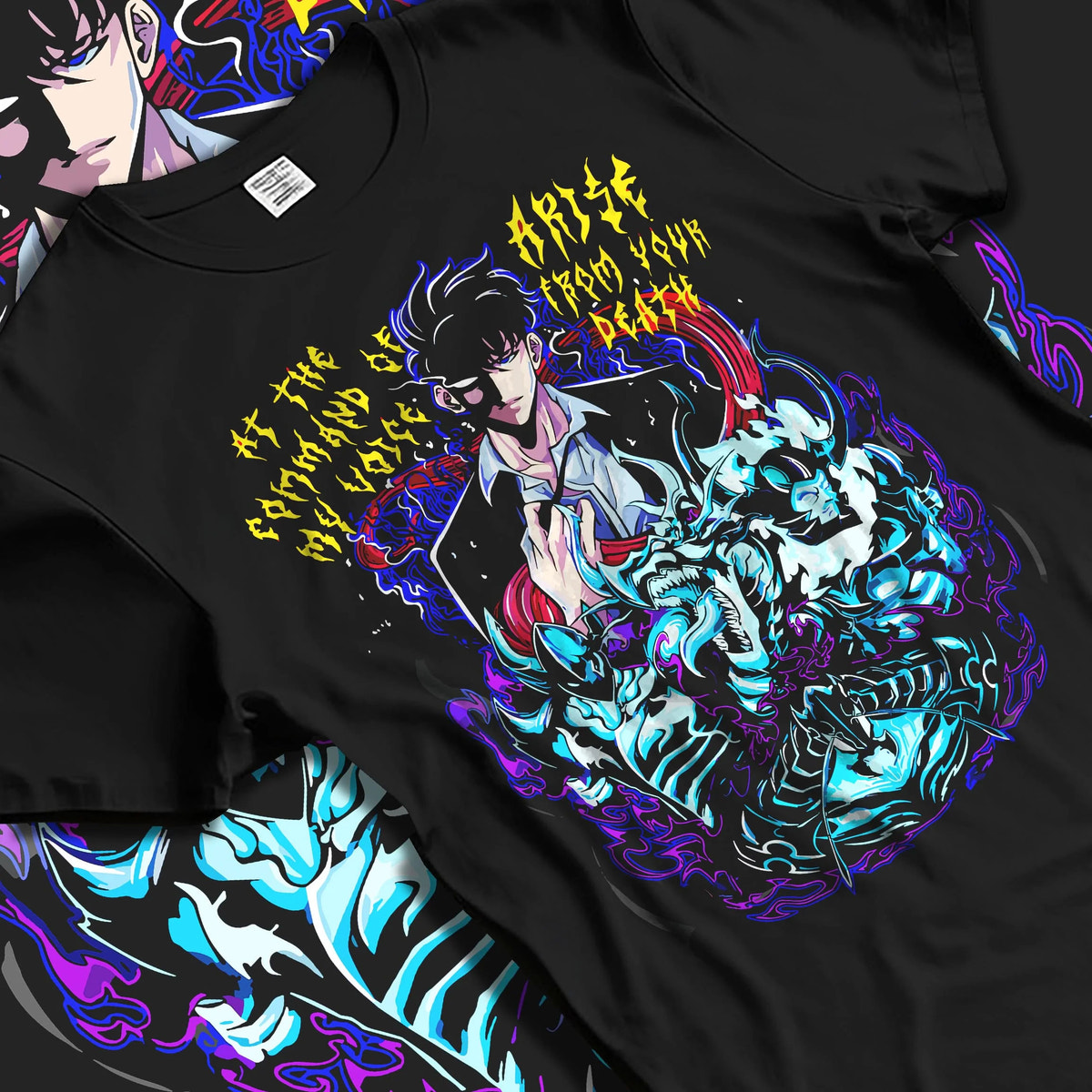 Black T-shirt laid flat with natural folds featuring dark beast battle artwork.