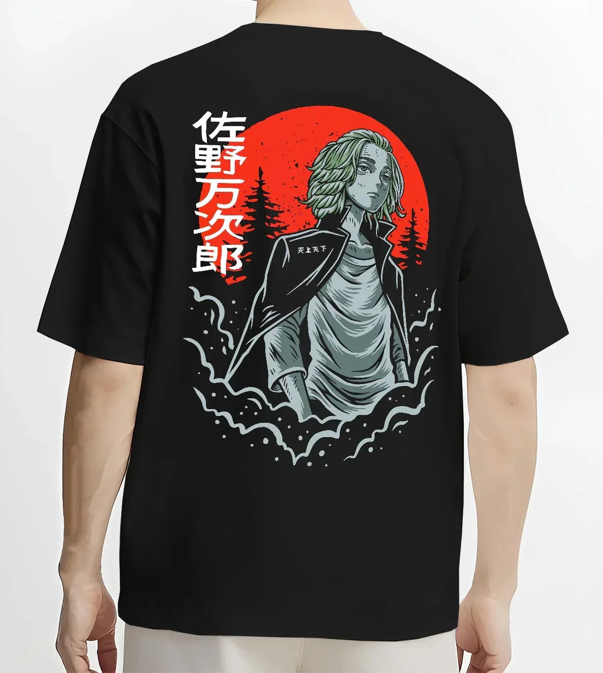 Black T-shirt worn by male model, back view with Tokyo Revengers Hoodie Manjiro Sano Heroic Jumper graphic streetwear graphic.