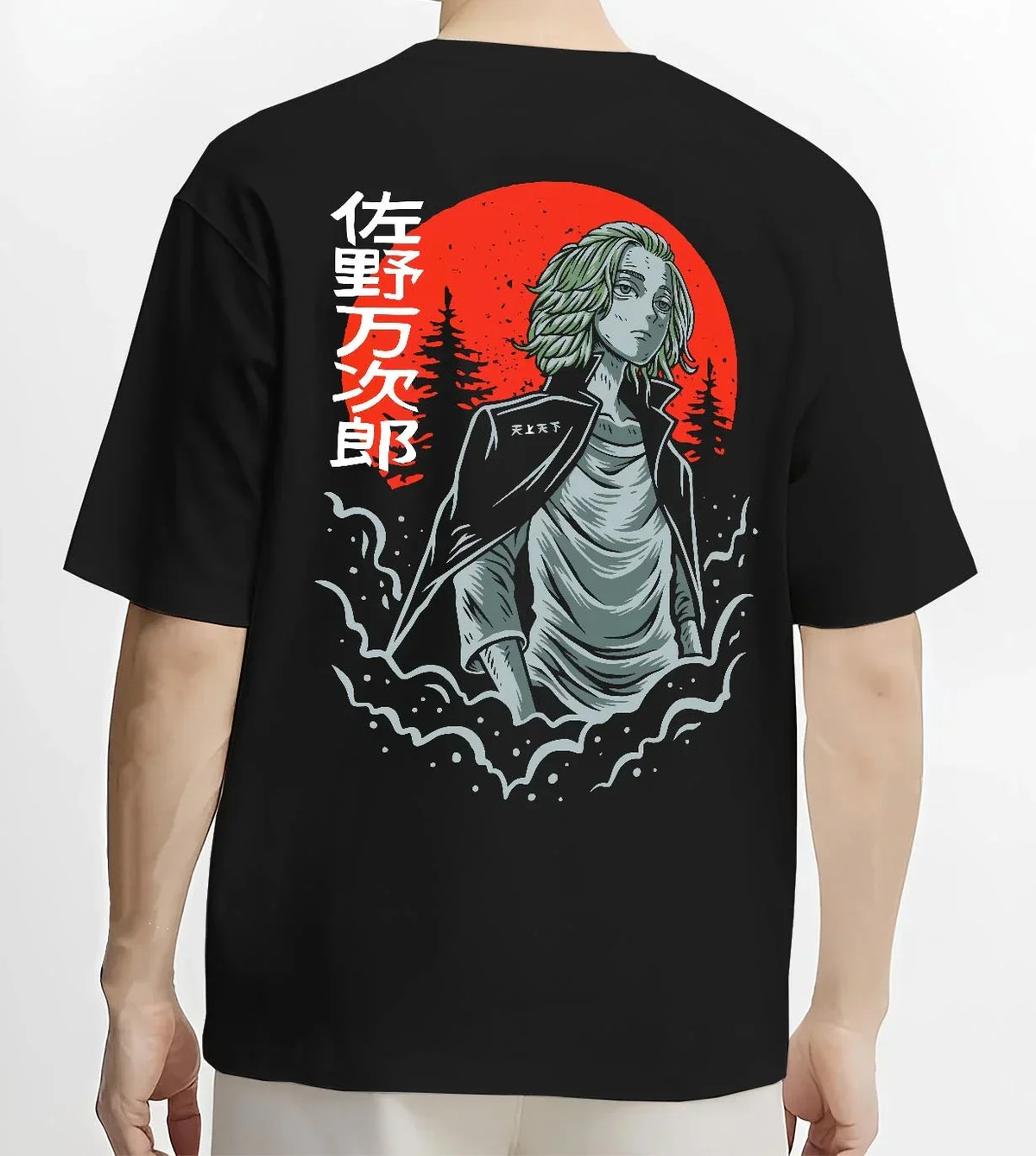 Black T-shirt worn by male model, back view with Tokyo Revengers Hoodie Manjiro Sano Heroic Jumper graphic streetwear graphic.