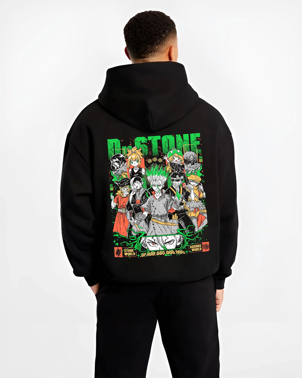 Black hoodie model back view showing Dr Stone: multi-character science poster