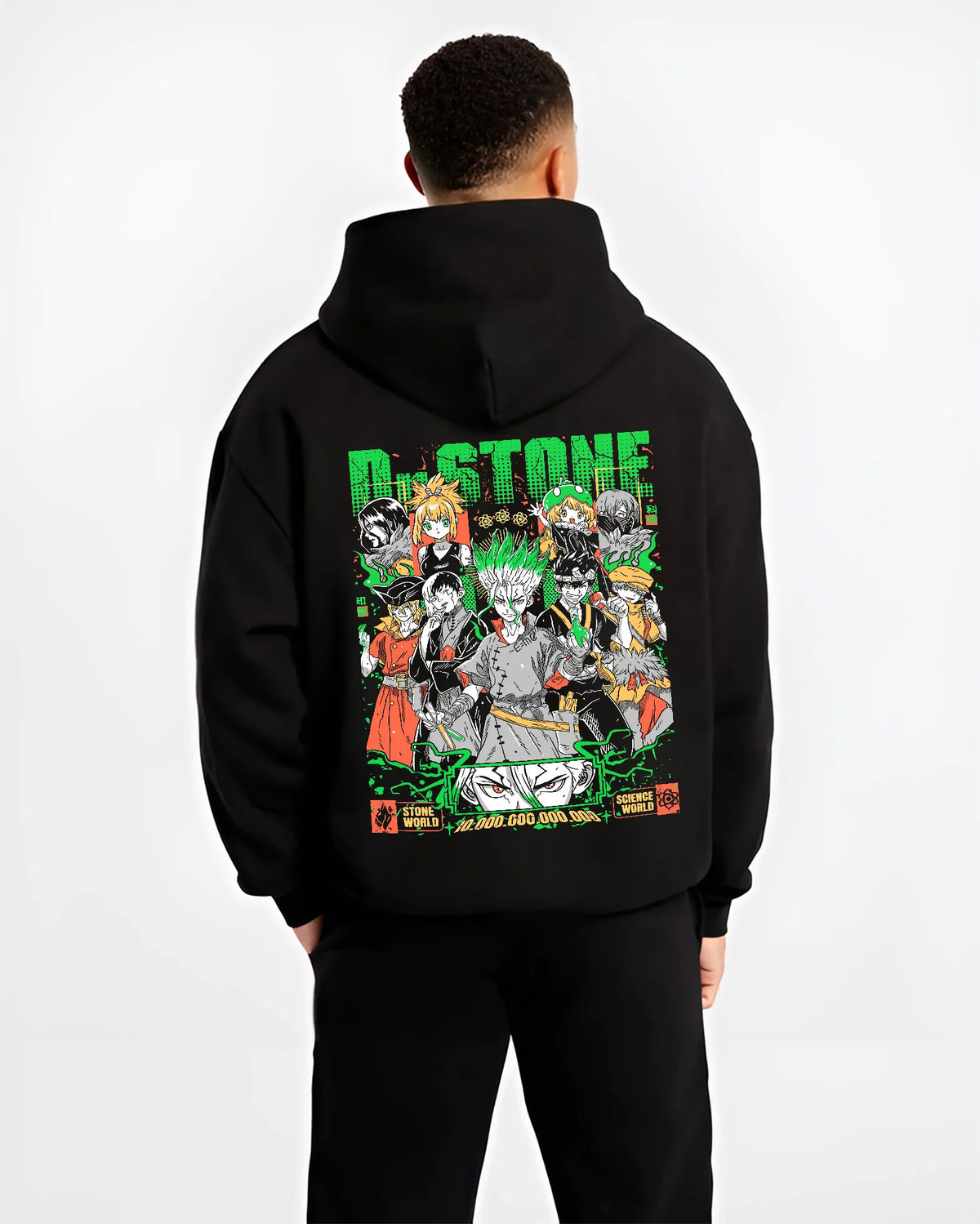 Black hoodie model back view showing Dr Stone: multi-character science poster
