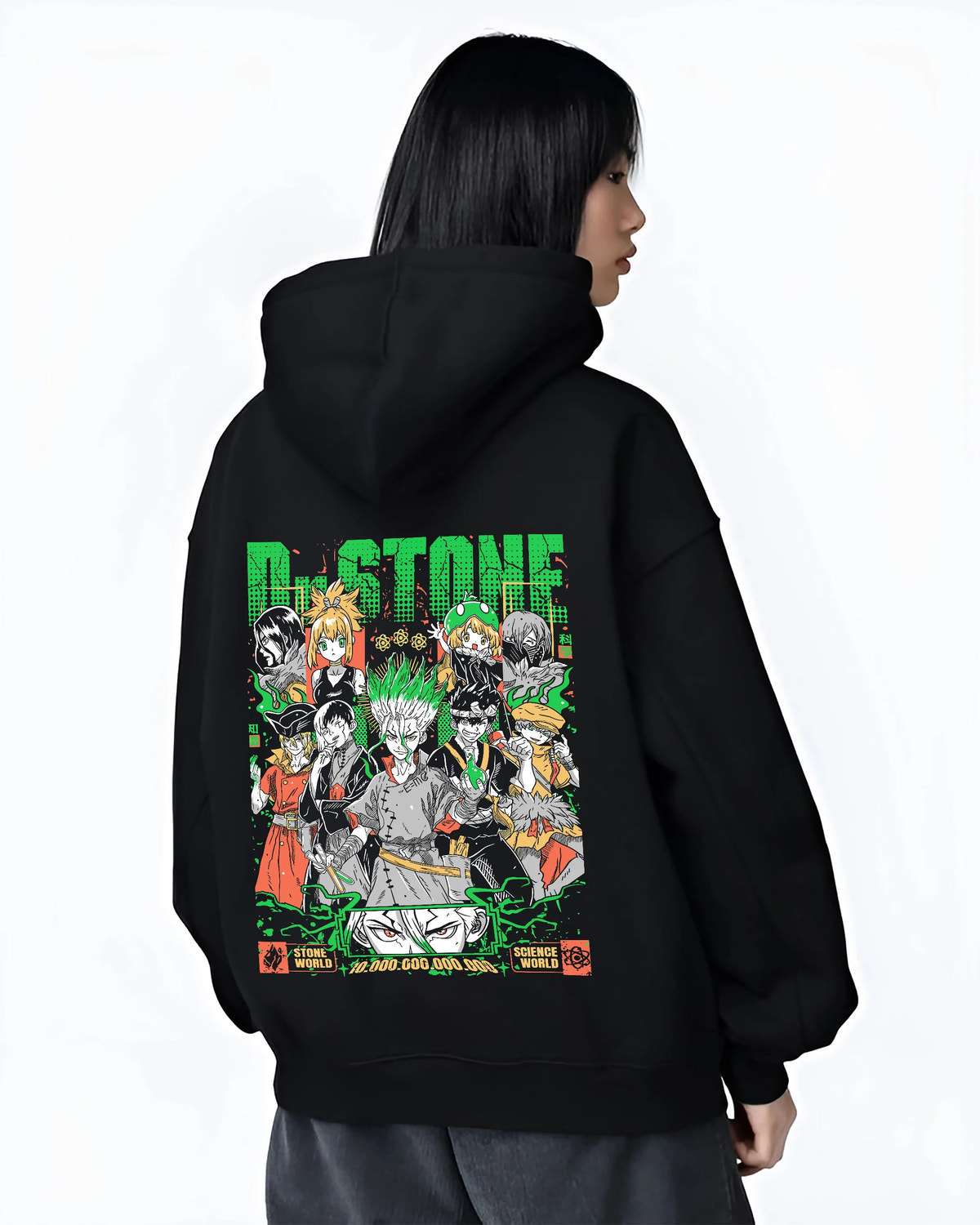 Black hoodie female model back view showing Dr Stone: multi-character science poster