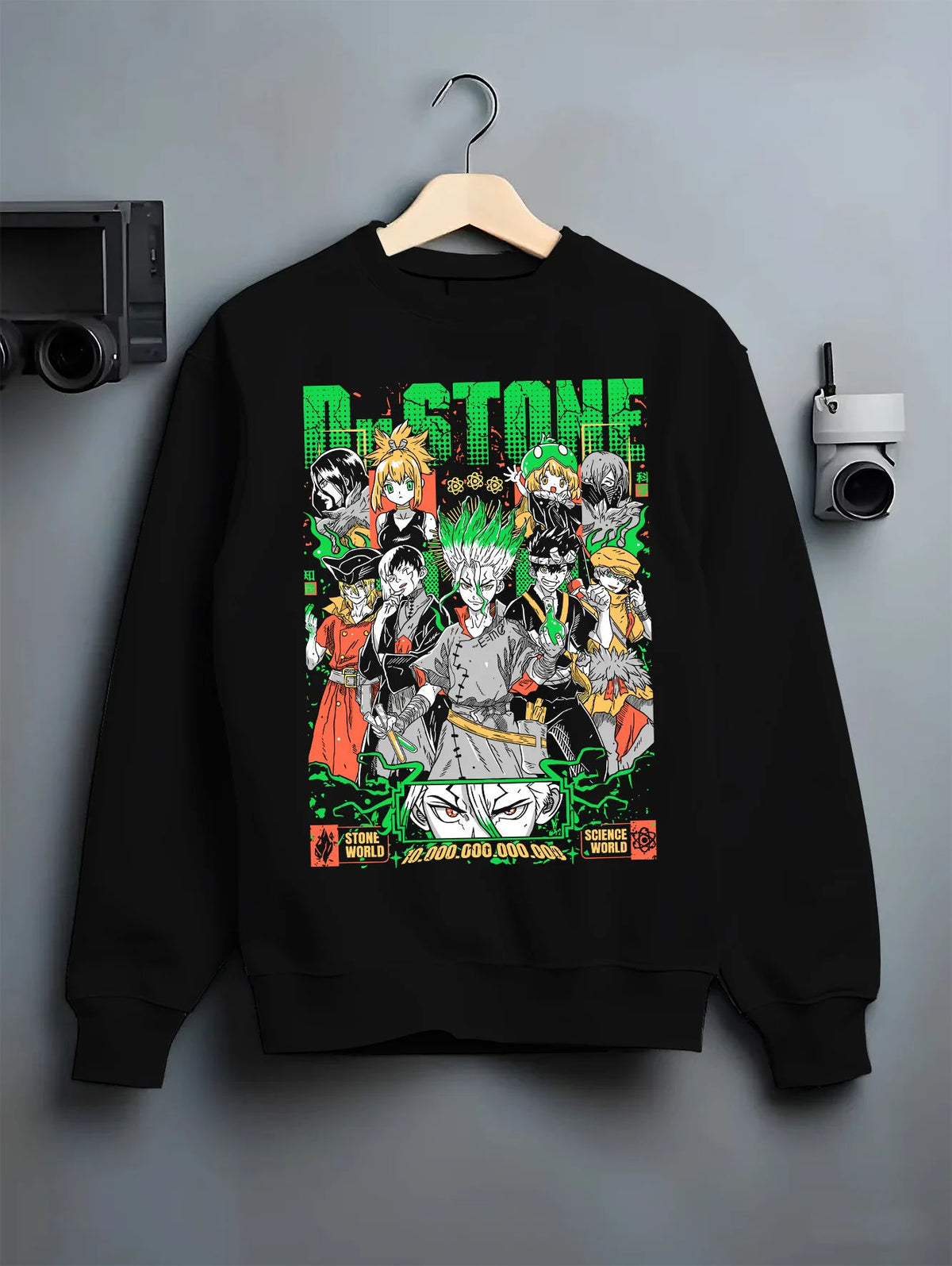 Black crewneck sweatshirt on hanger showing Dr Stone: multi-character science poster
