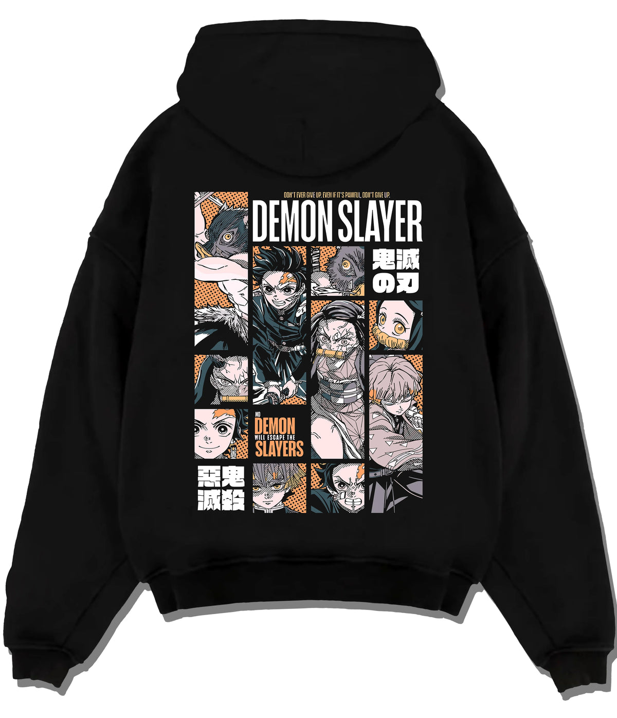 Black hoodie flat back view showing Demon Slayer: Hashira and sword fighters manga collage