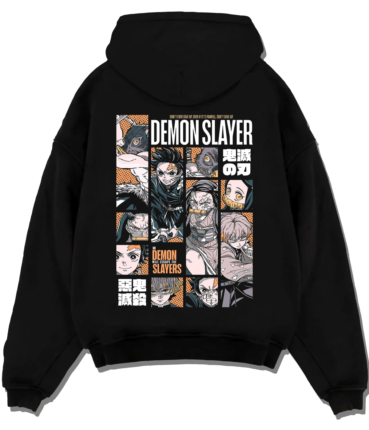 Black hoodie flat back view showing Demon Slayer: Hashira and sword fighters manga collage