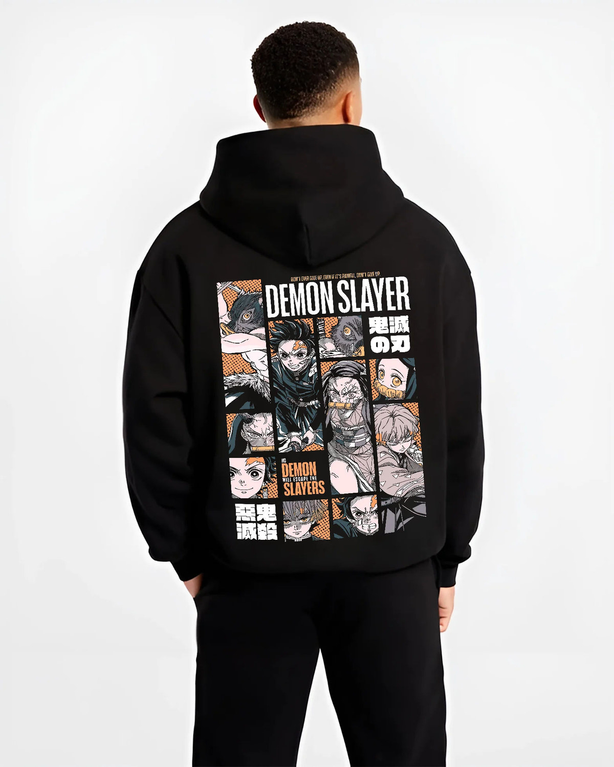 Black hoodie model back view showing Demon Slayer: Hashira and sword fighters manga collage