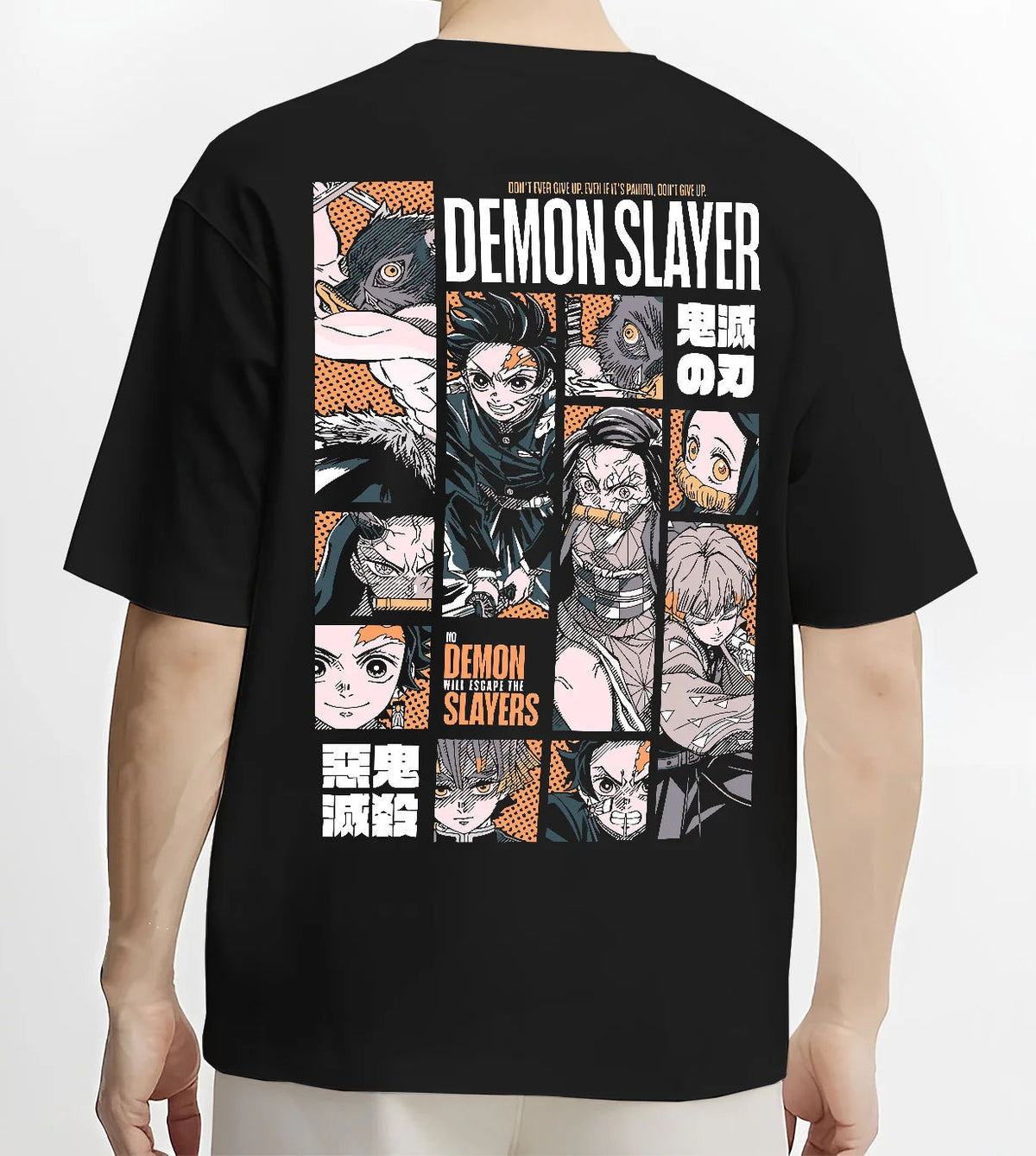 Black T-shirt model back view showing Demon Slayer: Hashira and sword fighters manga collage