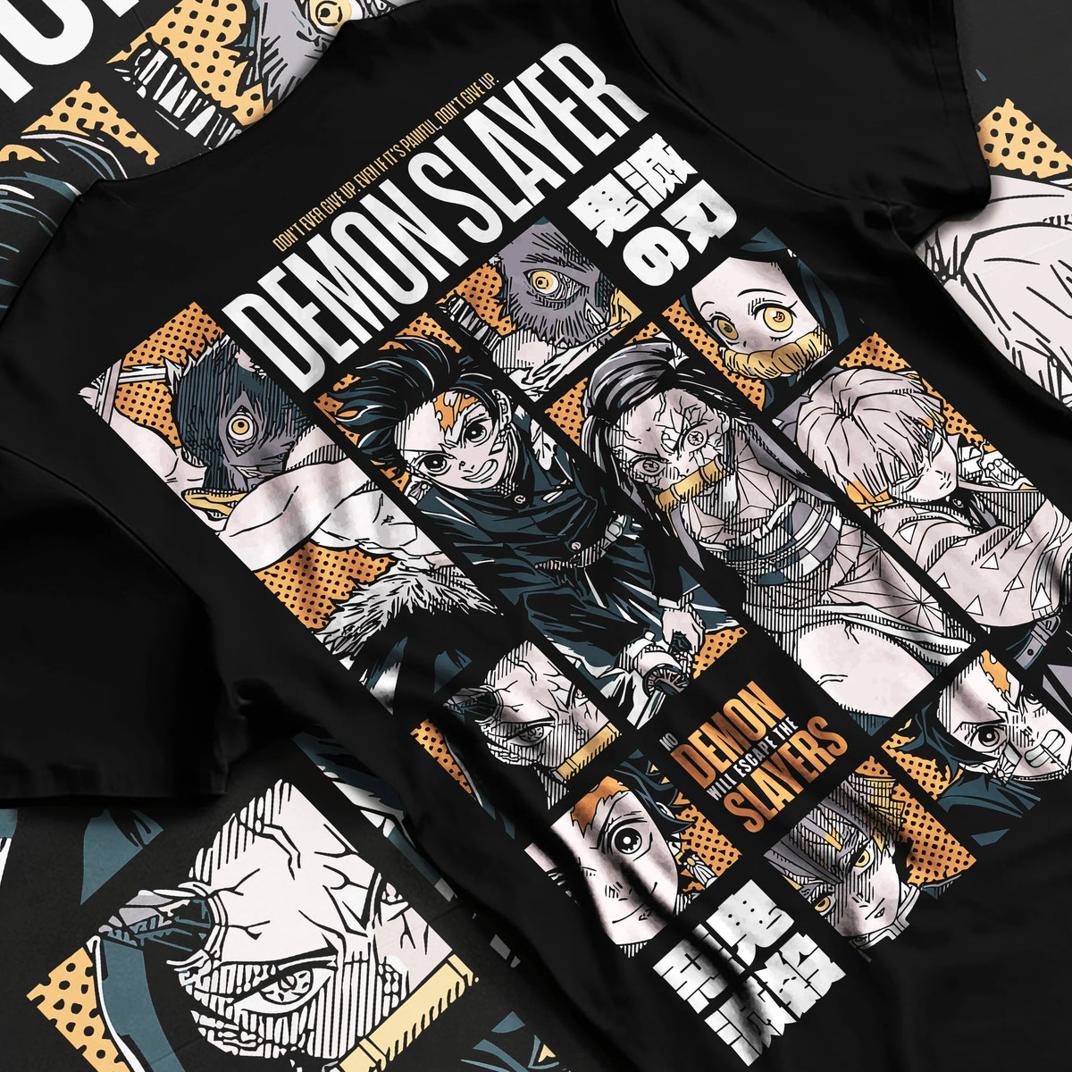 Black T-shirt flat back view showing Demon Slayer: Hashira and sword fighters manga collage