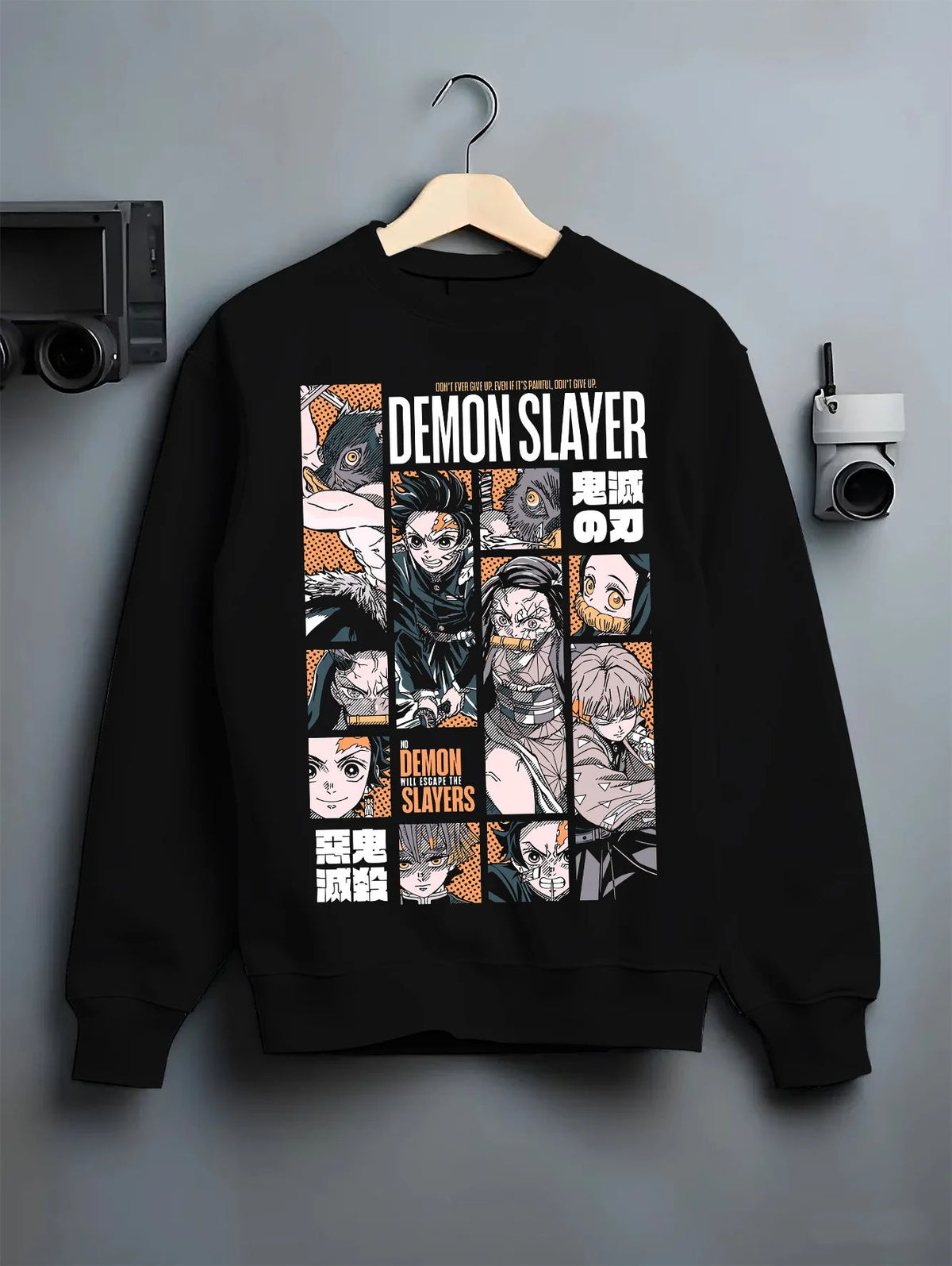 Black crewneck sweatshirt on hanger showing Demon Slayer: Hashira and sword fighters manga collage