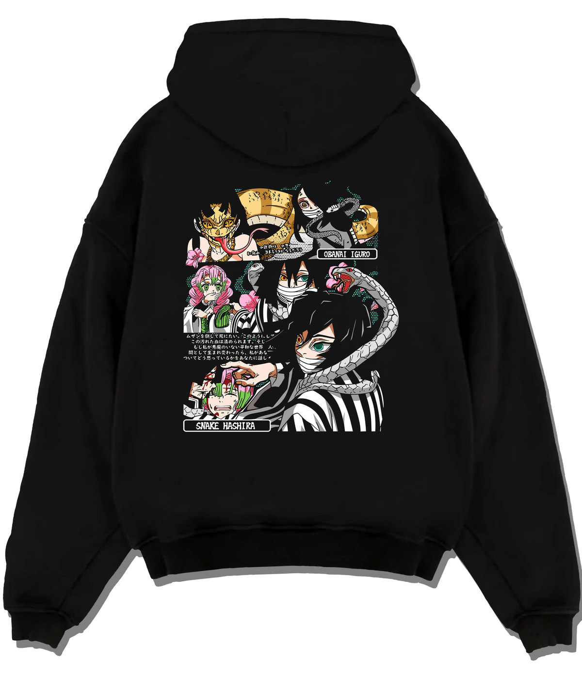 Black hoodie flat back view showing Demon Slayer: Obanai and Hashira collage