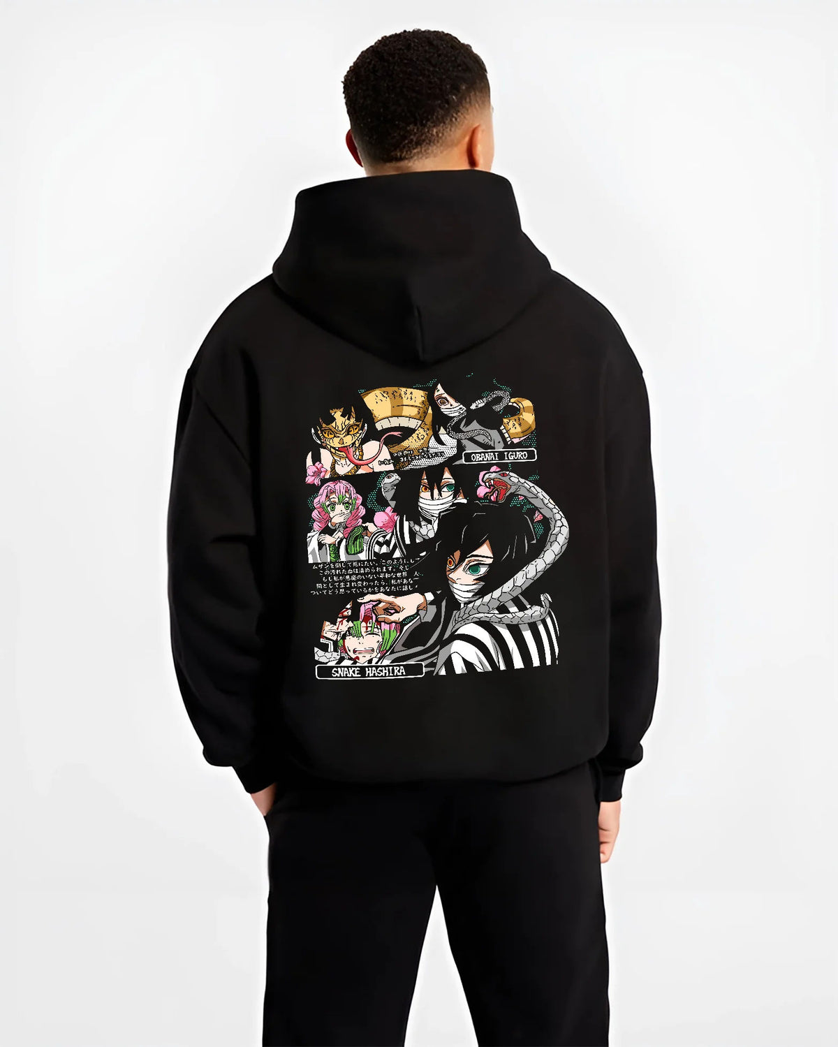 Black hoodie model back view showing Demon Slayer: Obanai and Hashira collage