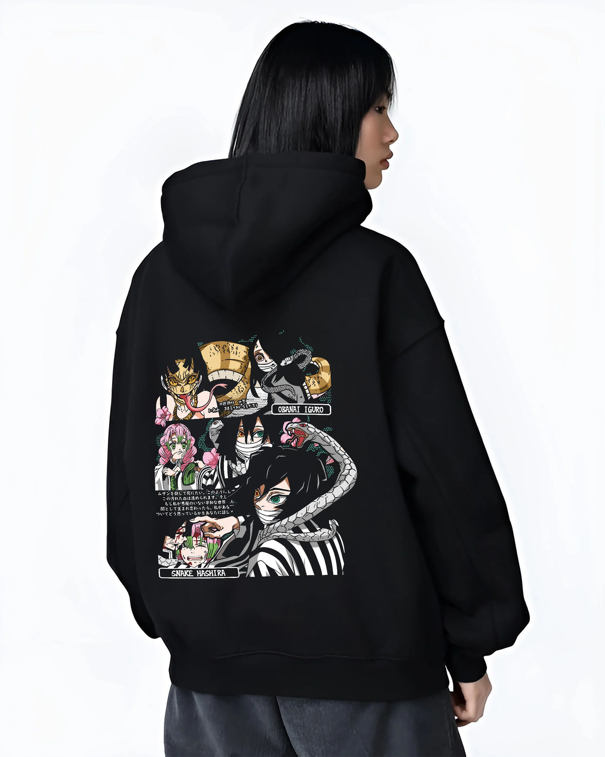 Black hoodie female model back view showing Demon Slayer: Obanai and Hashira collage