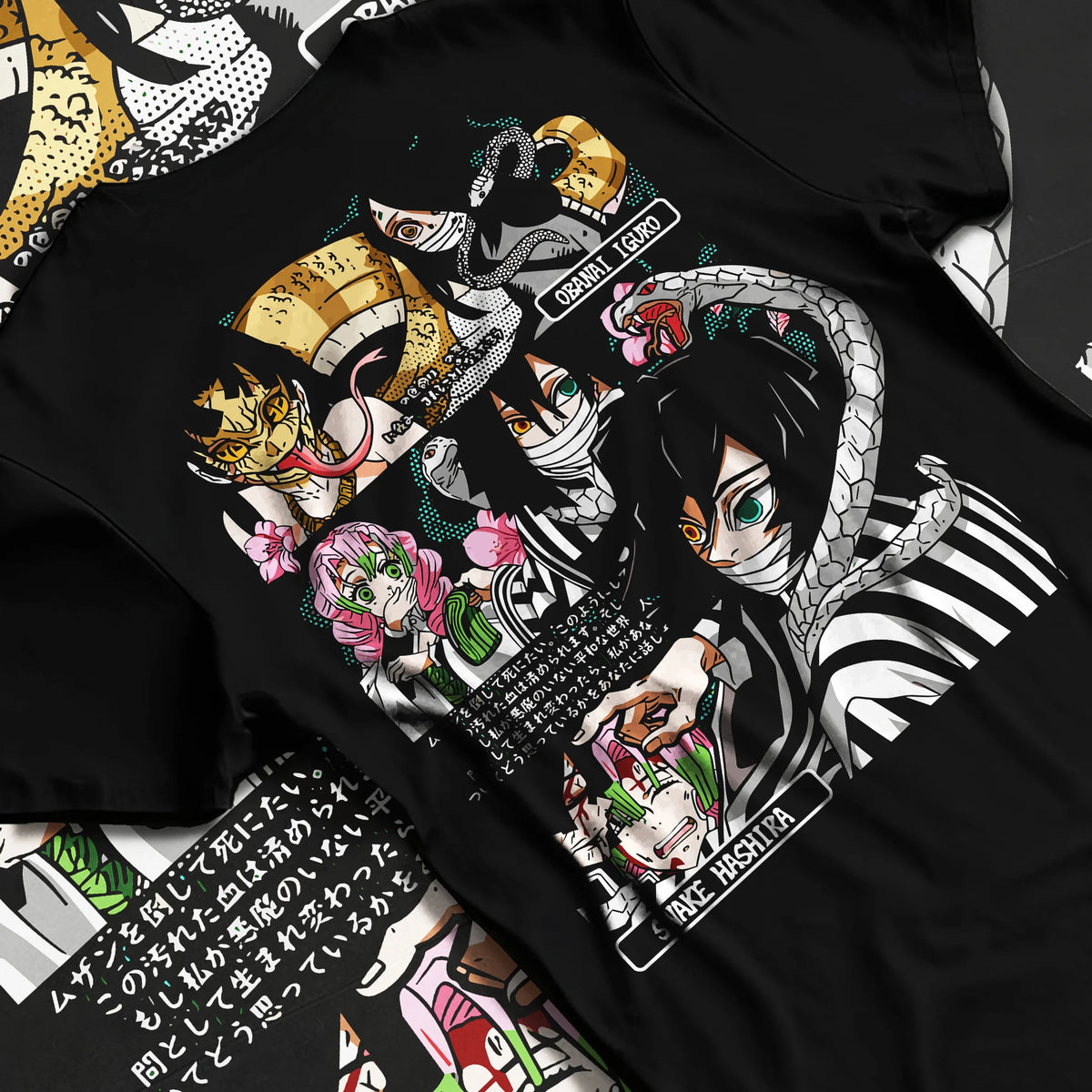 Black T-shirt flat back view showing Demon Slayer: Obanai and Hashira collage