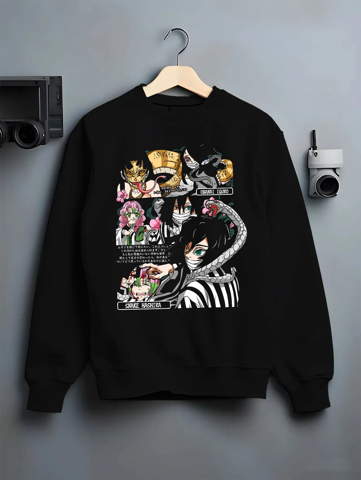 Black crewneck sweatshirt on hanger showing Demon Slayer: Obanai and Hashira collage