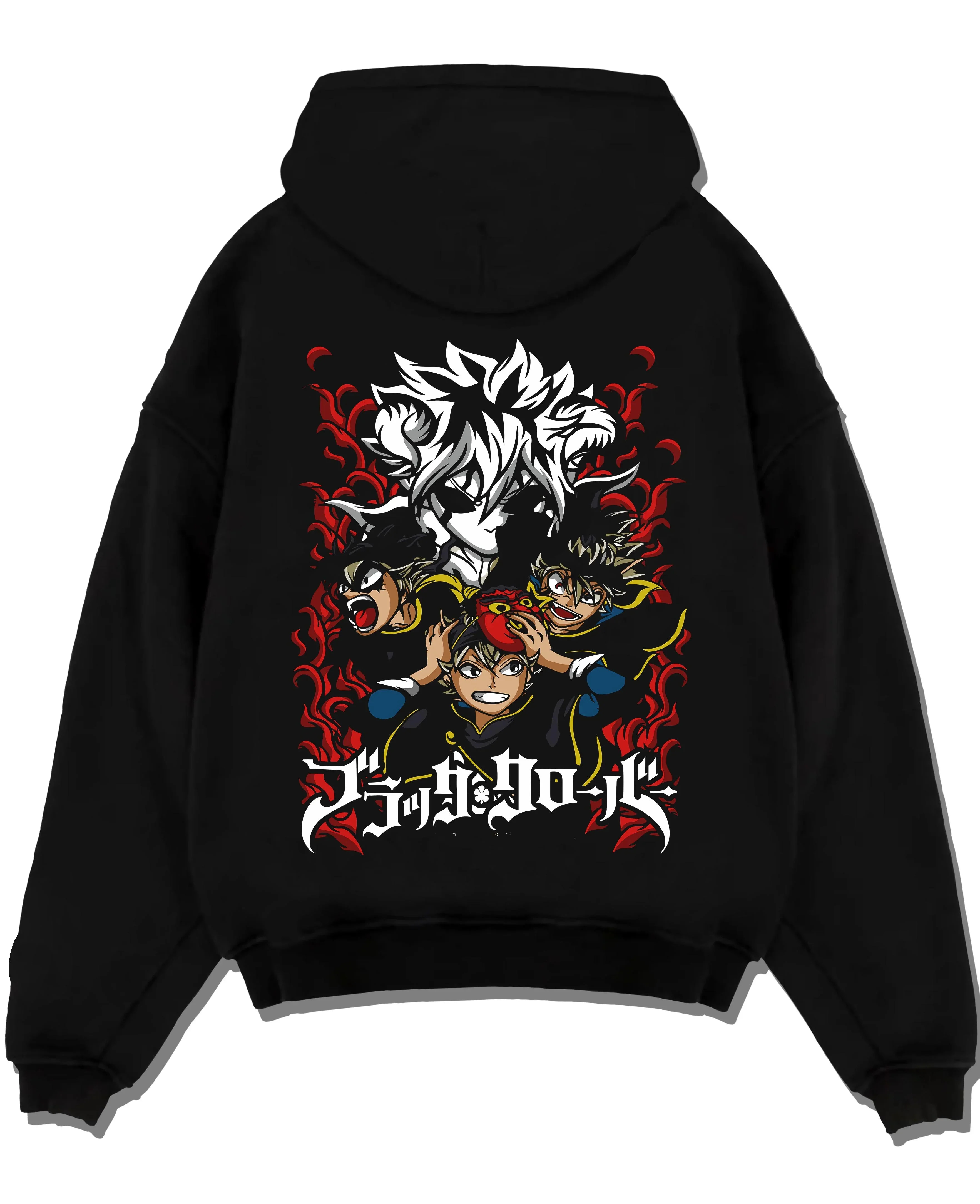 Black pullover hoodie laid flat with Asta Hoodie Black Clover Trio Retro Anime Poster graphic streetwear graphic.