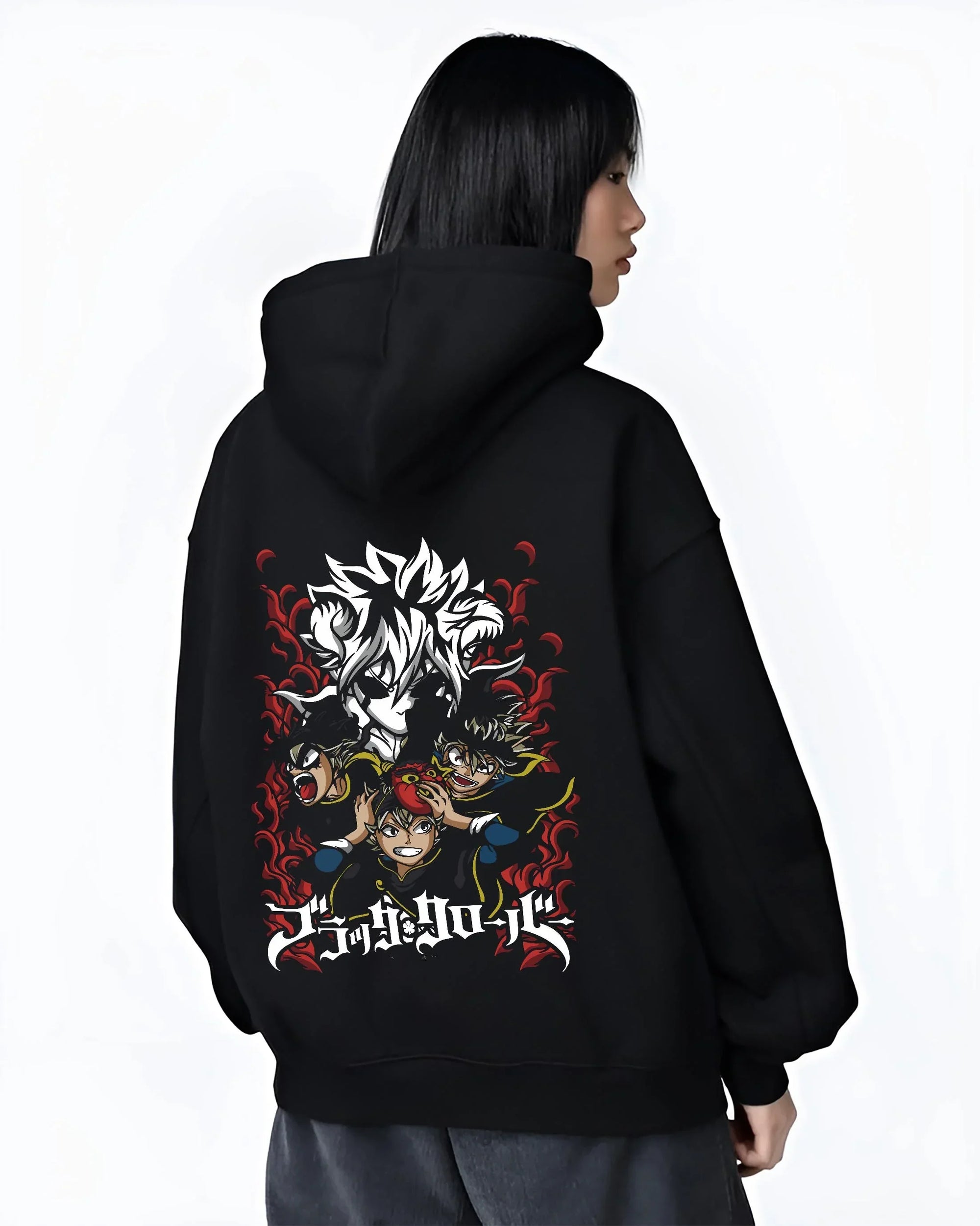 Black hoodie worn by female model, back view with Asta Hoodie Black Clover Trio Retro Anime Poster graphic streetwear graphic.