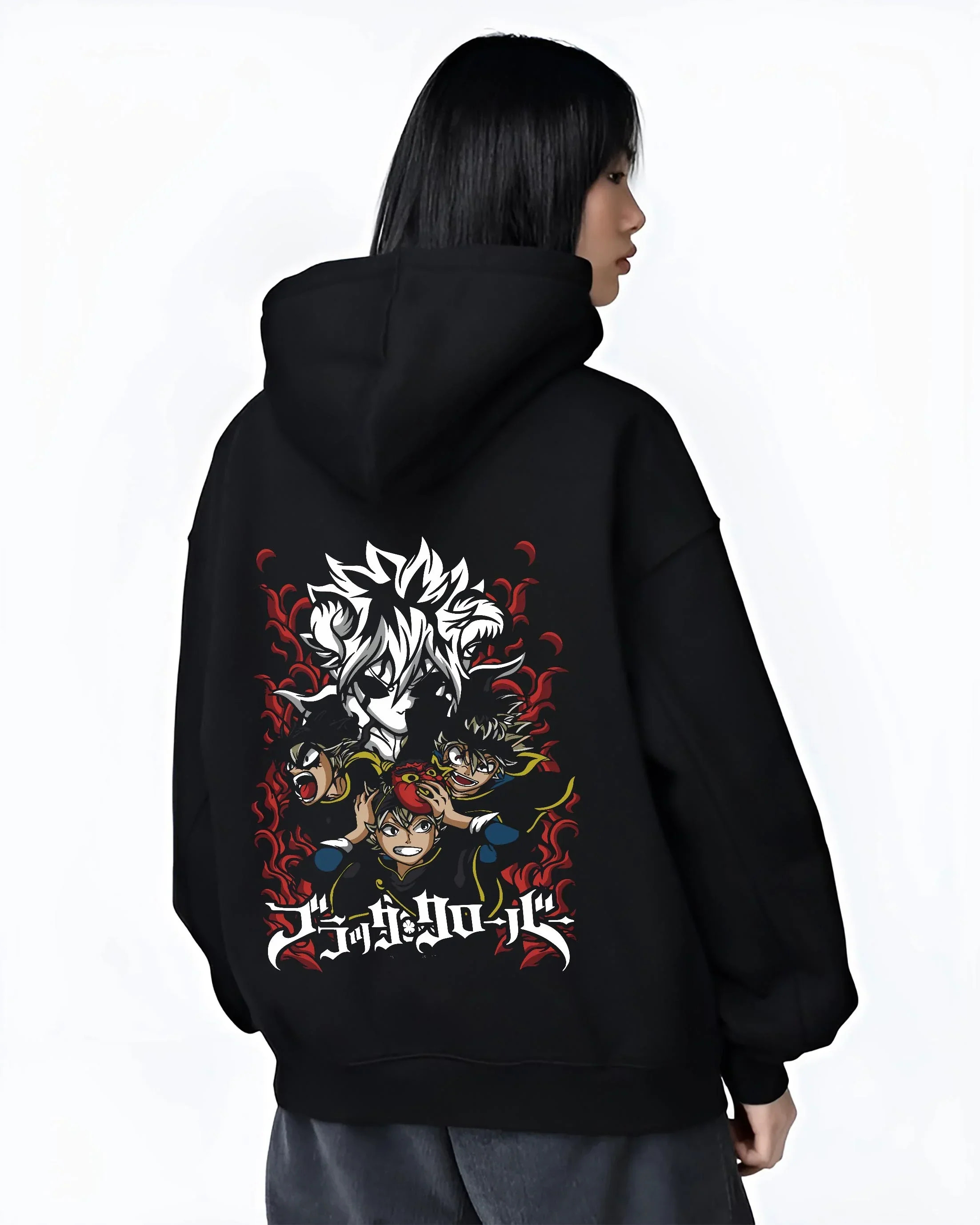 Black hoodie worn by female model, back view with Asta Hoodie Black Clover Trio Retro Anime Poster graphic streetwear graphic.