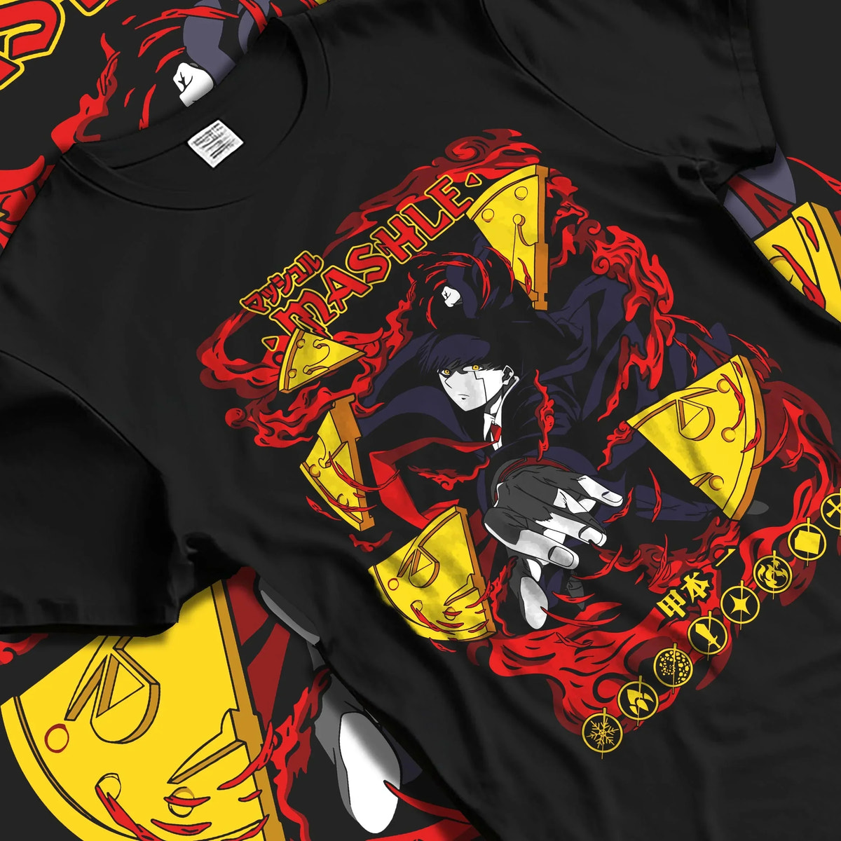 Black T-shirt laid flat with natural folds with Mashle Hoodie Mash Burnedead Power Magic Jumper graphic bold anime graphic.