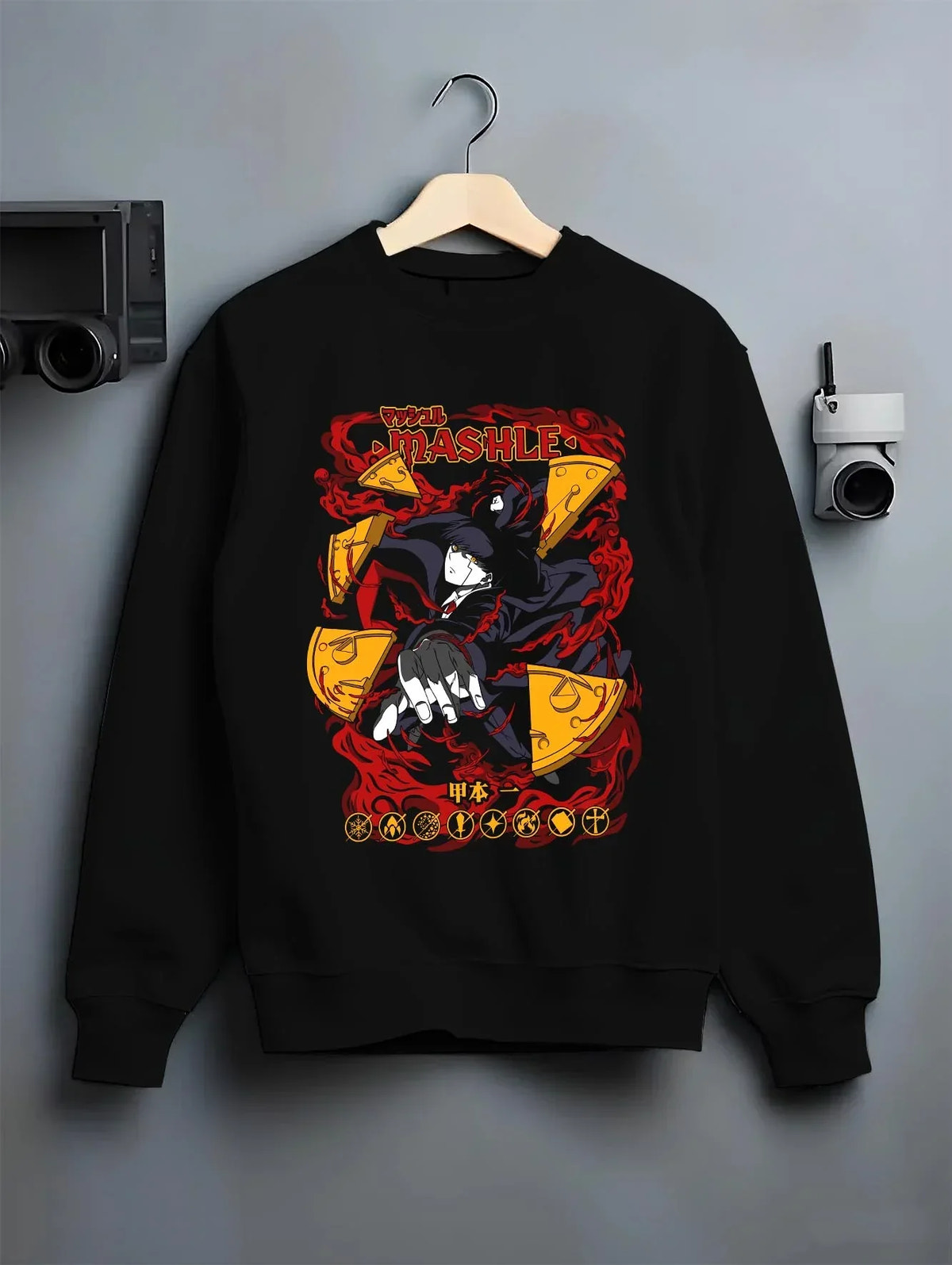 Black crewneck sweatshirt on hanger with Mashle Hoodie Mash Burnedead Power Magic Jumper graphic premium wear.