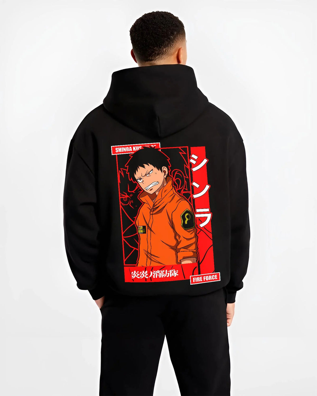 Black hoodie worn by male model from the back featuring Shinra Kusakabe Fire Force hero artwork.