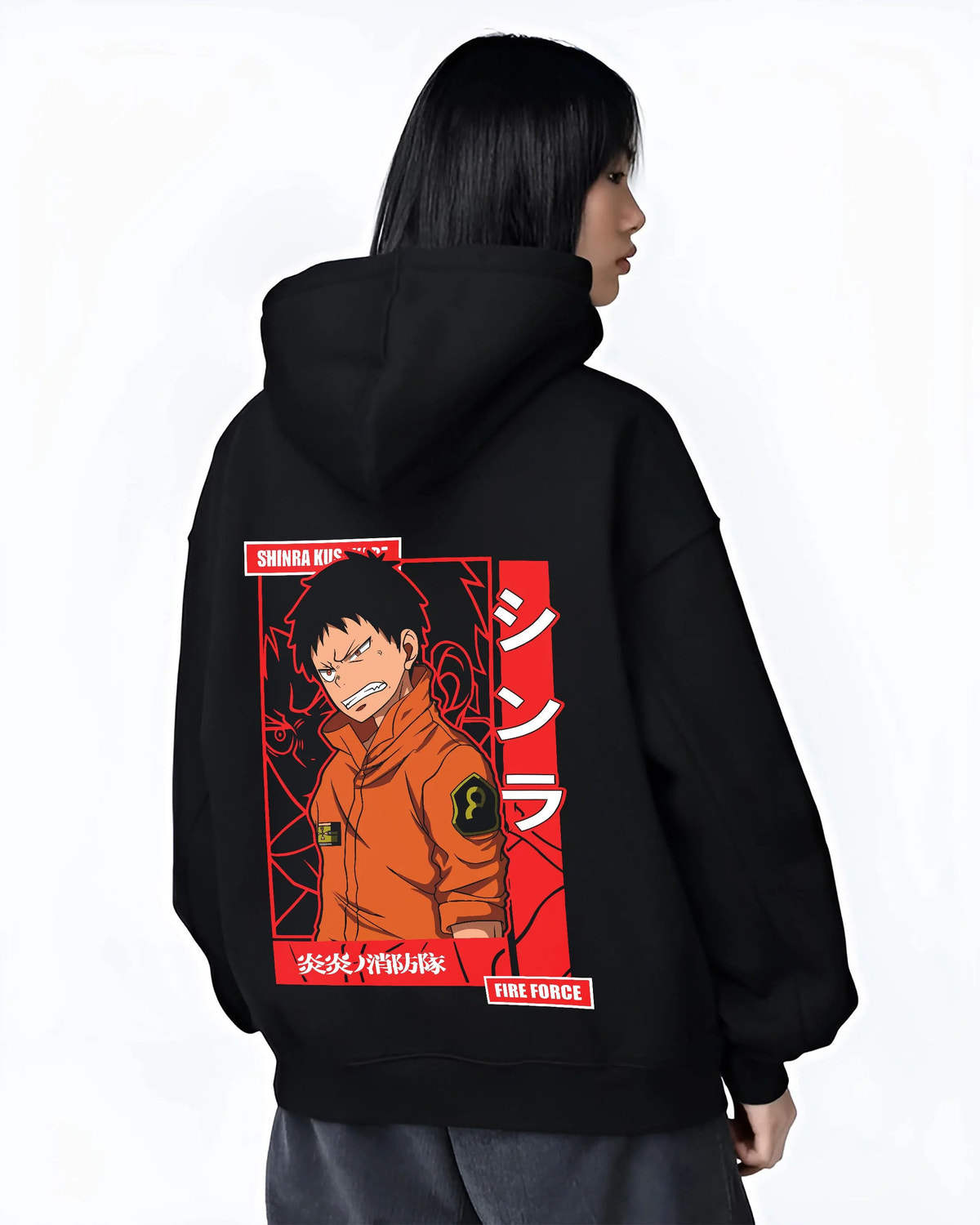 Black hoodie worn by female model from the back featuring Shinra Kusakabe Fire Force hero artwork.