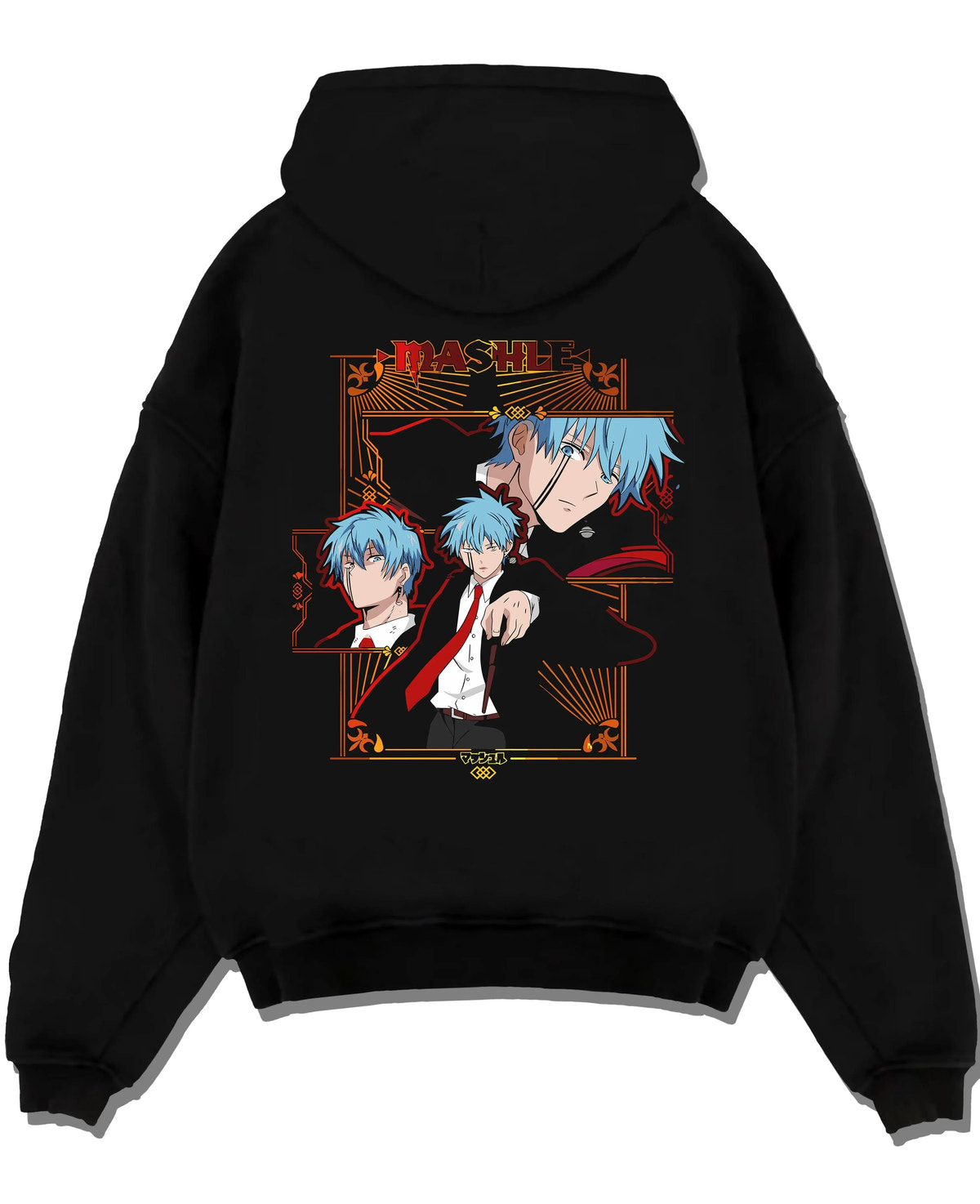 Black pullover hoodie laid flat, featuring Lance Crown Mashle anime poster inspired retro manga graphic with magical battle design.