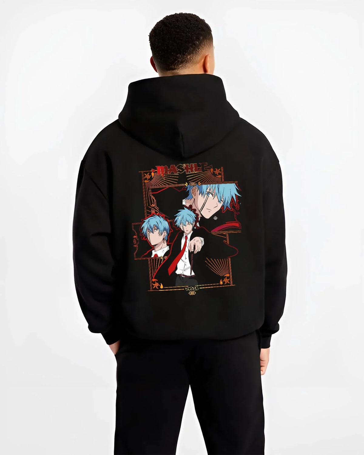 Black hoodie worn by male model, back view, showcasing Lance Crown Mashle Japanese animation streetwear artwork with bold magic pose.