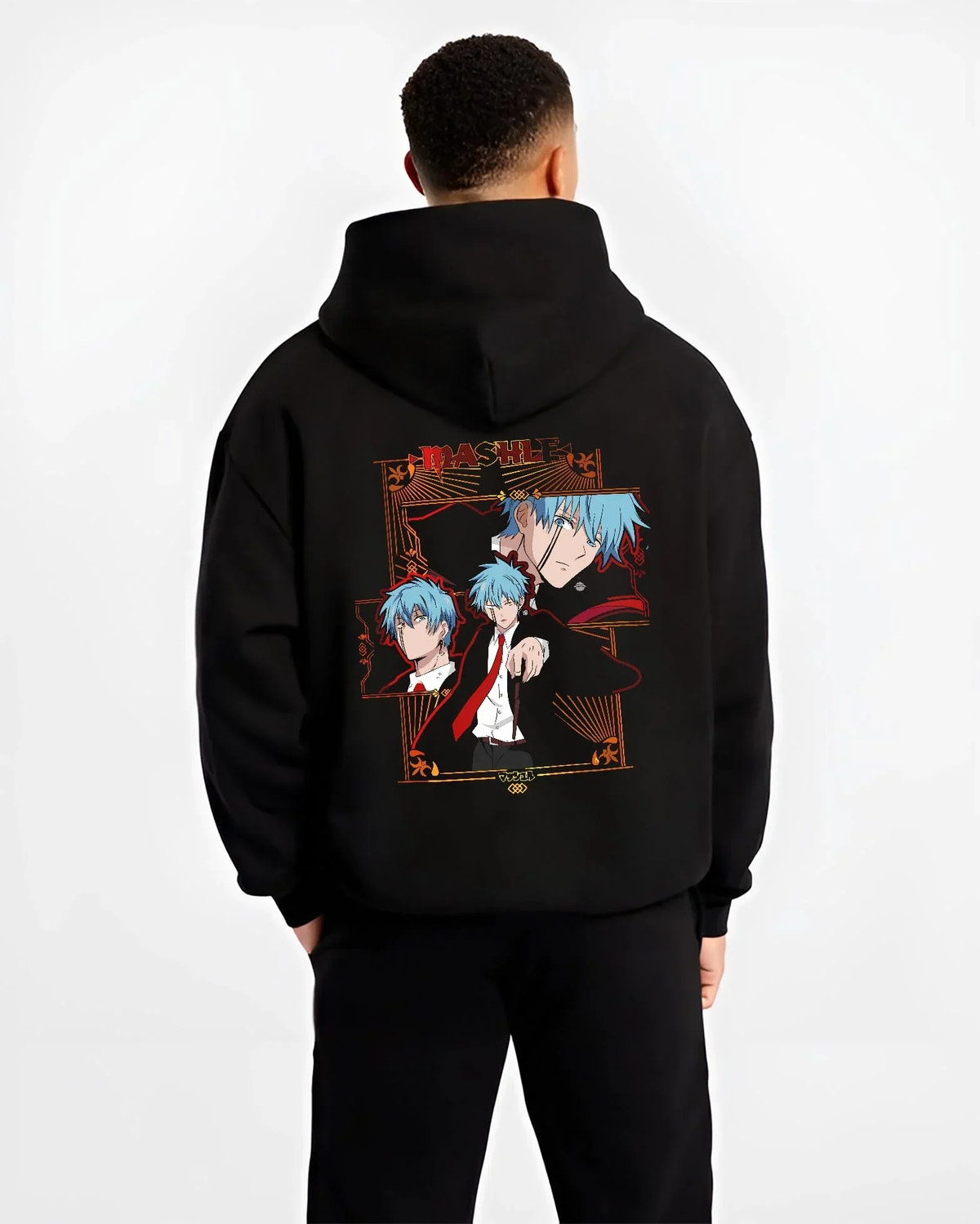 Black hoodie worn by male model, back view, showcasing Lance Crown Mashle Japanese animation streetwear artwork with bold magic pose.