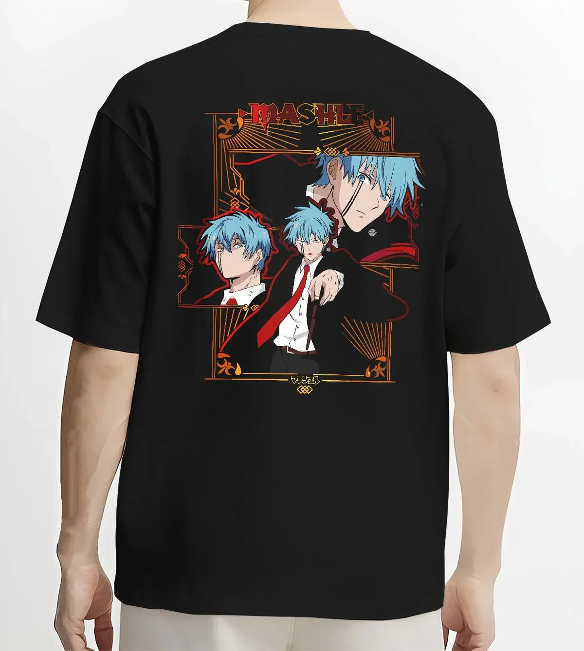 Black T-shirt worn by male model, back view, highlighting Lance Crown Mashle retro streetwear graphic in unique anime apparel style.