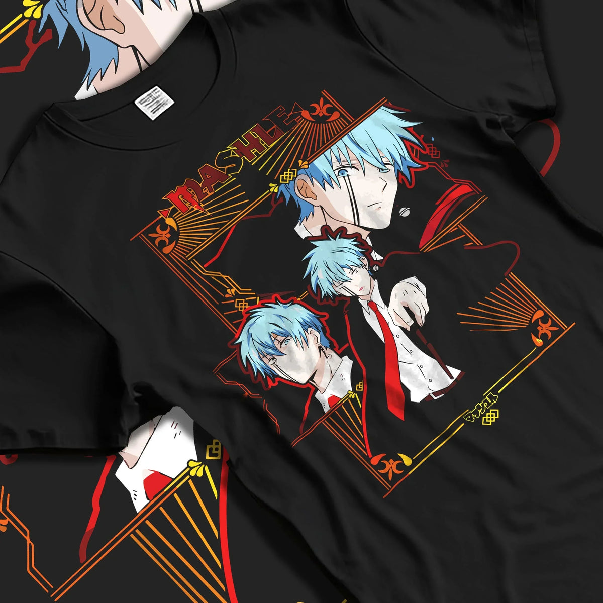 Black T-shirt laid flat with natural folds, featuring Lance Crown Mashle dark manga panel inspired artwork with magical character motif.