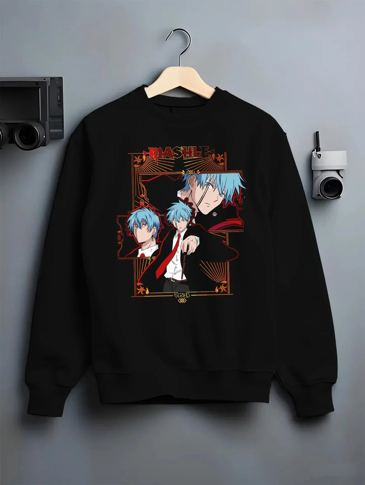 Black crewneck sweatshirt on hanger, showcasing Lance Crown Mashle nostalgic 90s inspired anime streetwear design.