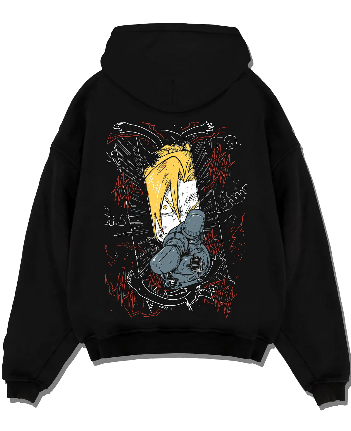 Black pullover hoodie laid flat with Edward Elric Hoodie Fullmetal Alchemist Magic Circle graphic premium wear.